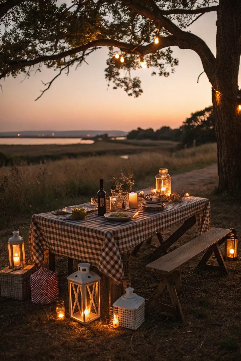 Lanterns provide a warm glow, perfect for evening gatherings around the picnic table.