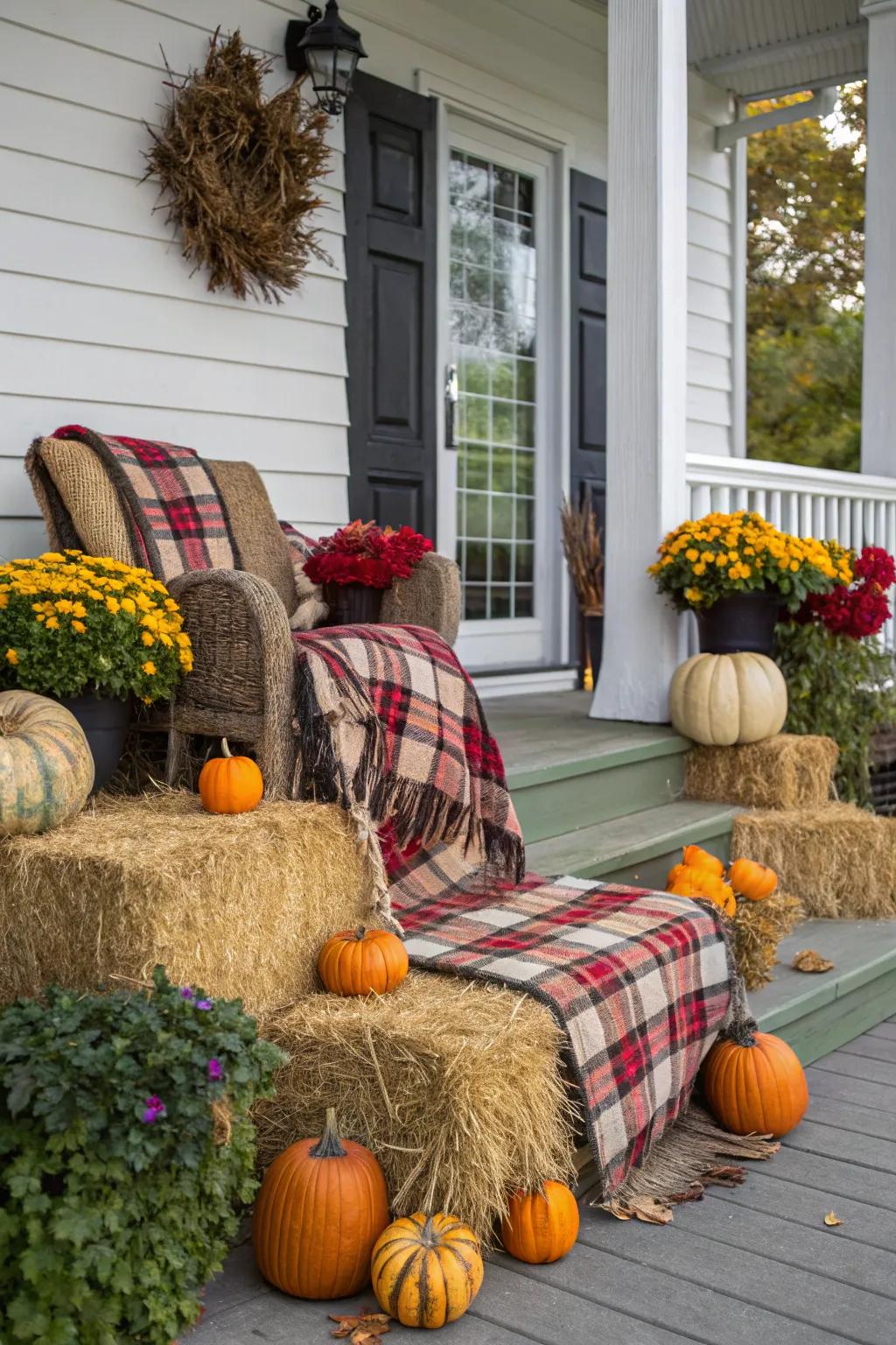 Rustic hay bales make for cozy, seasonal seating.