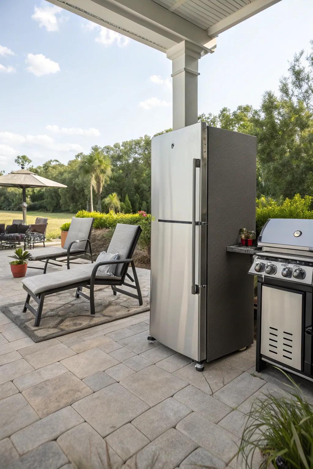 A freestanding fridge offers flexibility and convenience for outdoor entertaining.