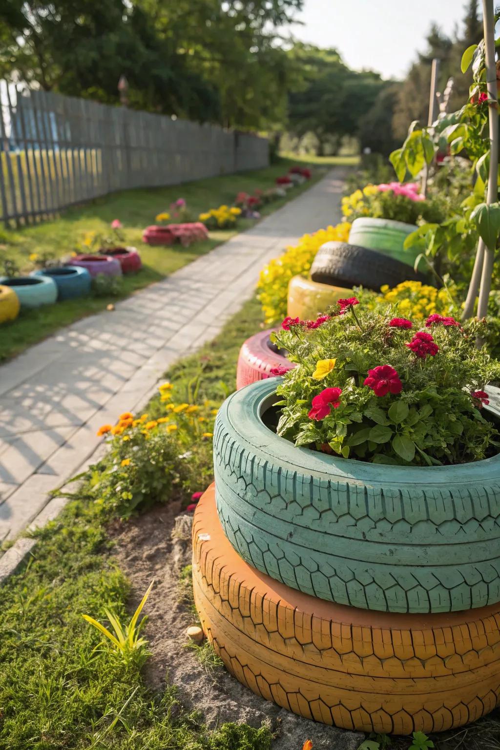 Brighten your garden with colorful tire plant stands.