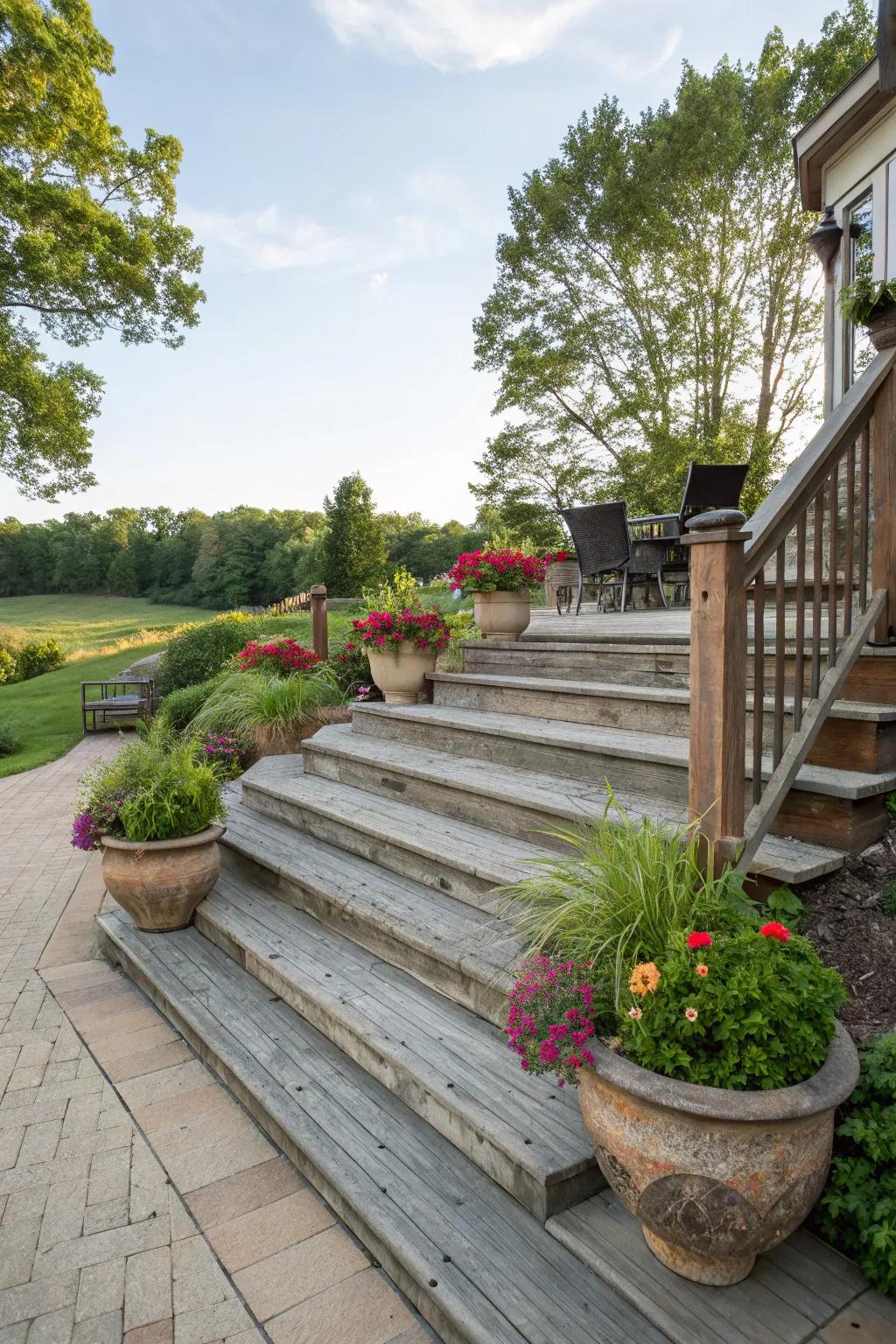 Wide wooden steps create a grand and functional entrance.