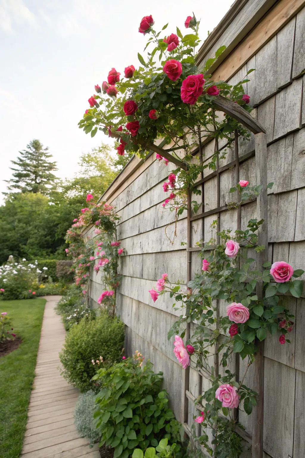 A wooden trellis creates a romantic garden ambiance.