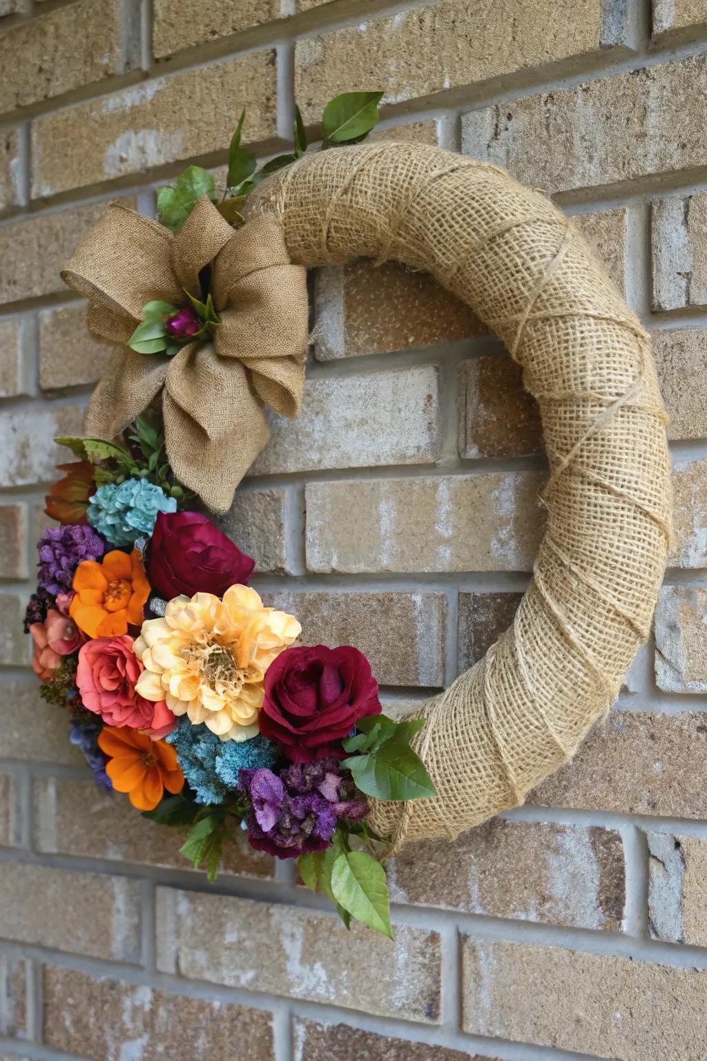 Rustic meets elegance with a burlap-wrapped wreath.