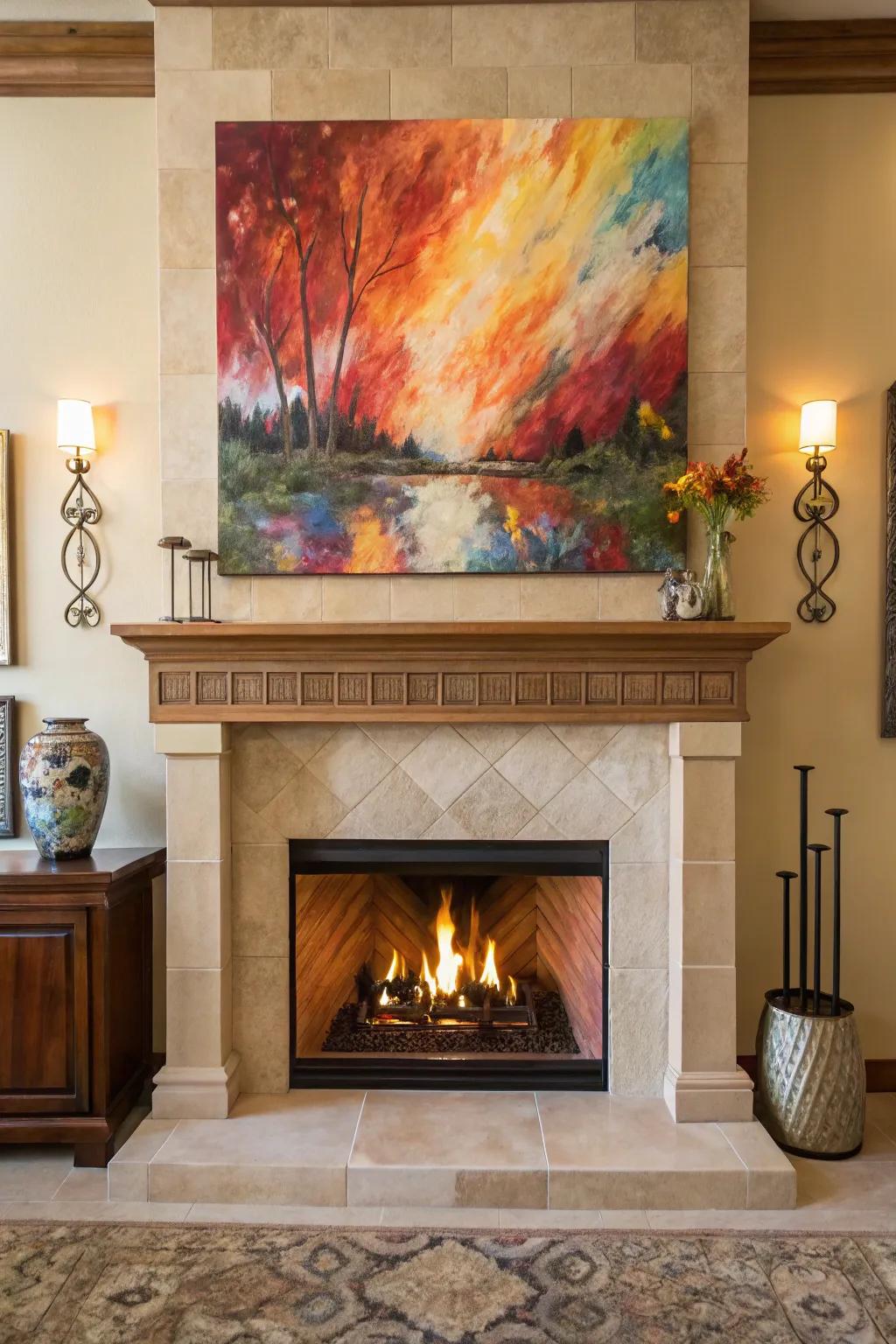 A bold piece of art transforms the fireplace into a striking focal point.