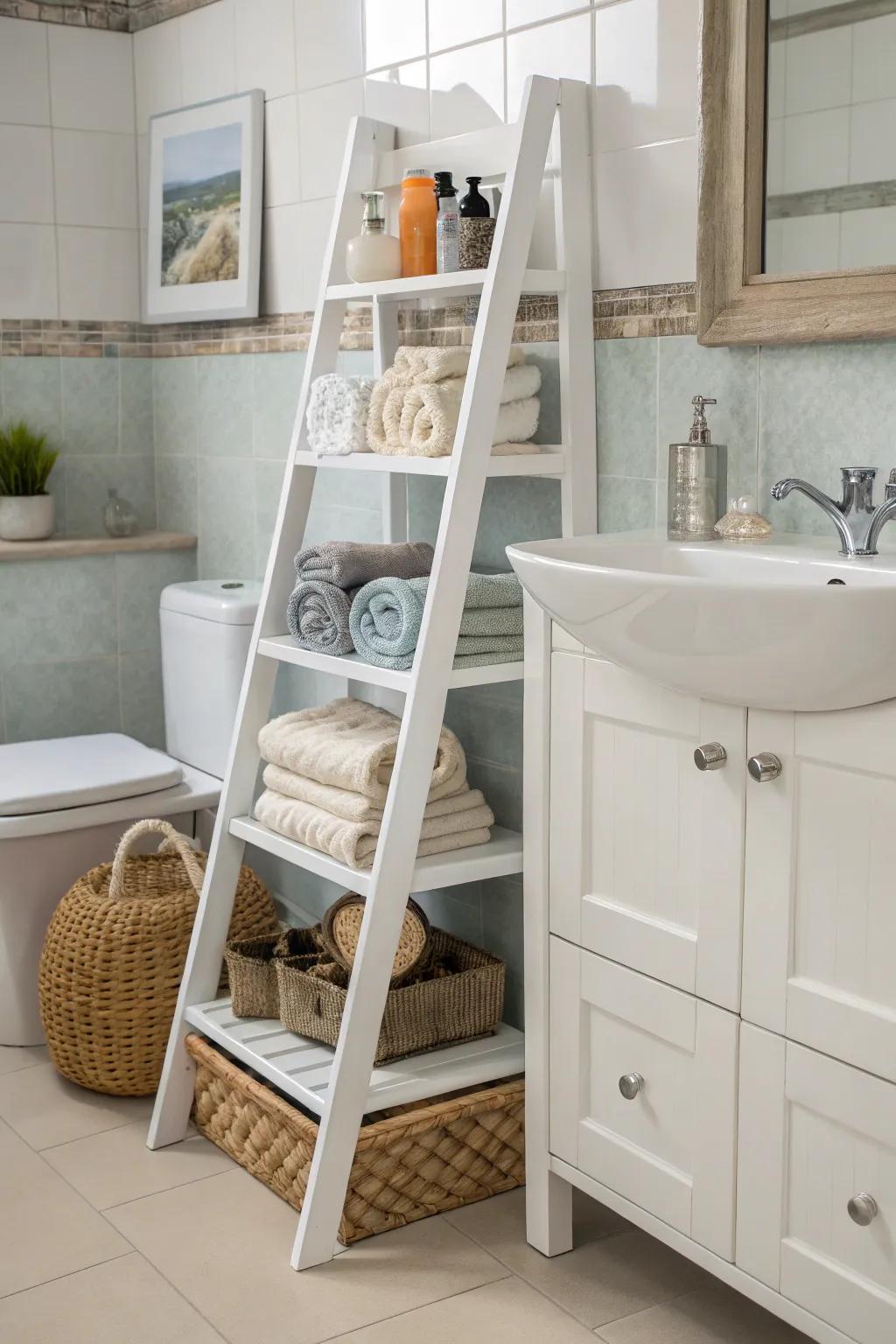 A ladder shelf brings charm and functionality to bathroom storage.