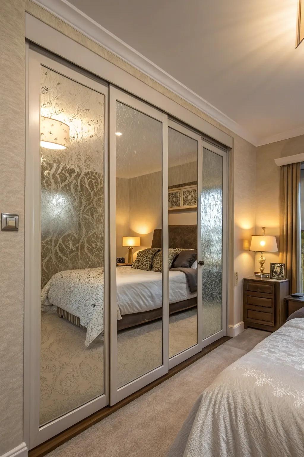 Frosted window film creates a calming, diffused look on mirrored doors.