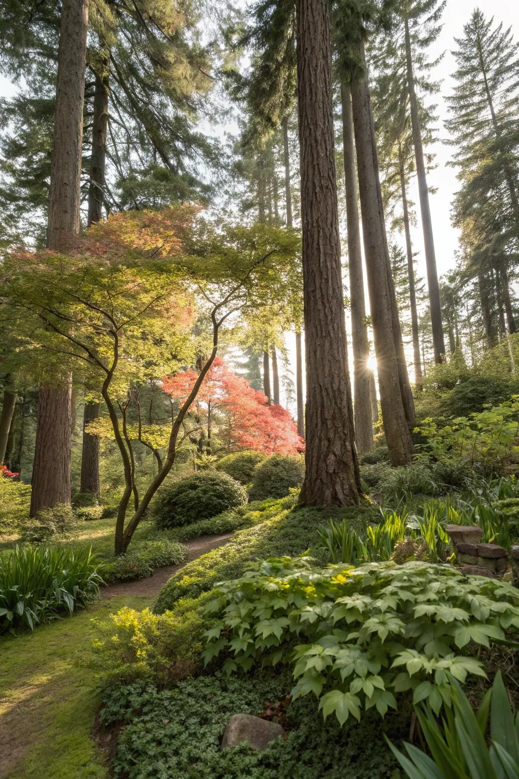 A serene woodland garden with vine maple and lush understory plants.