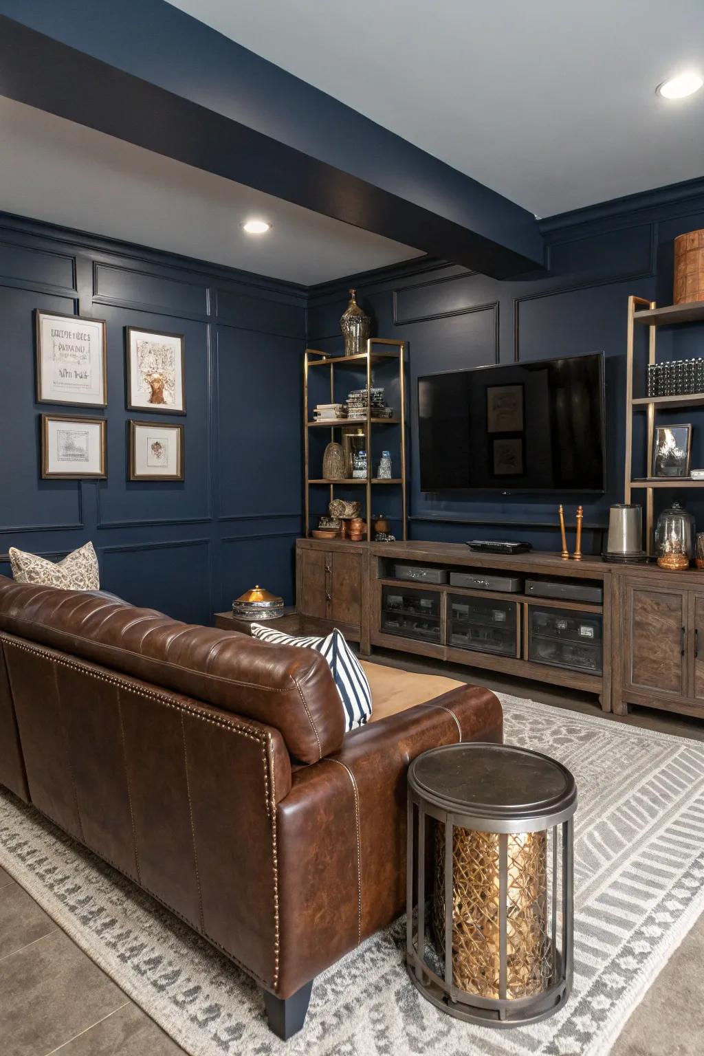 Navy blue brings a sense of calm and sophistication to this man cave.