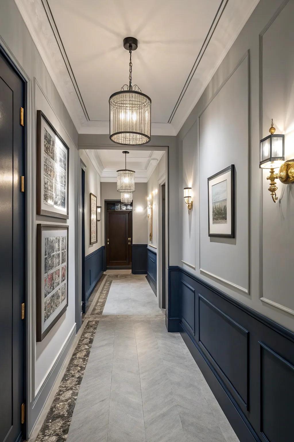 Two-tone walls add dimension and height to this hallway.