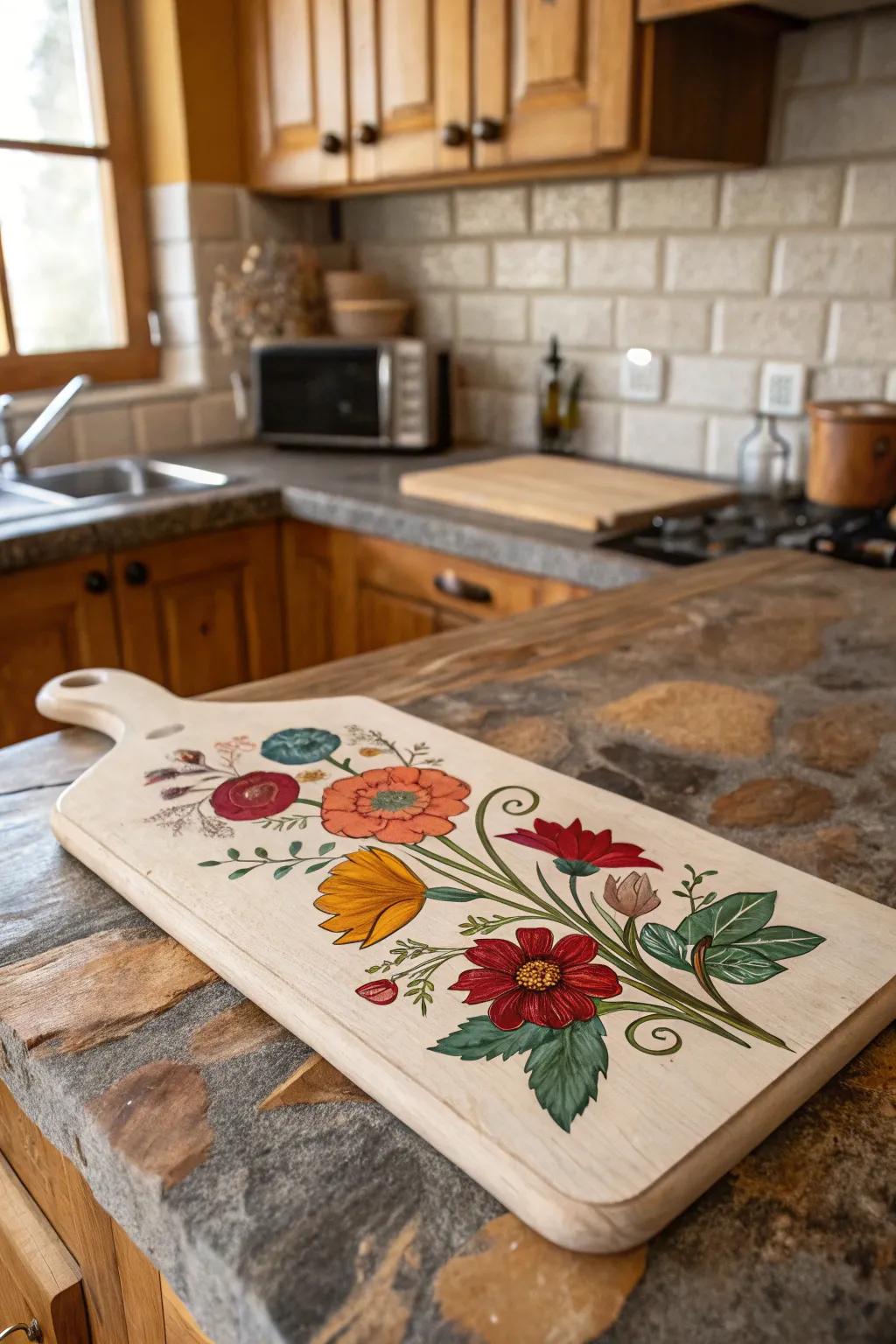 A charming cutting board adorned with hand-painted wildflowers.