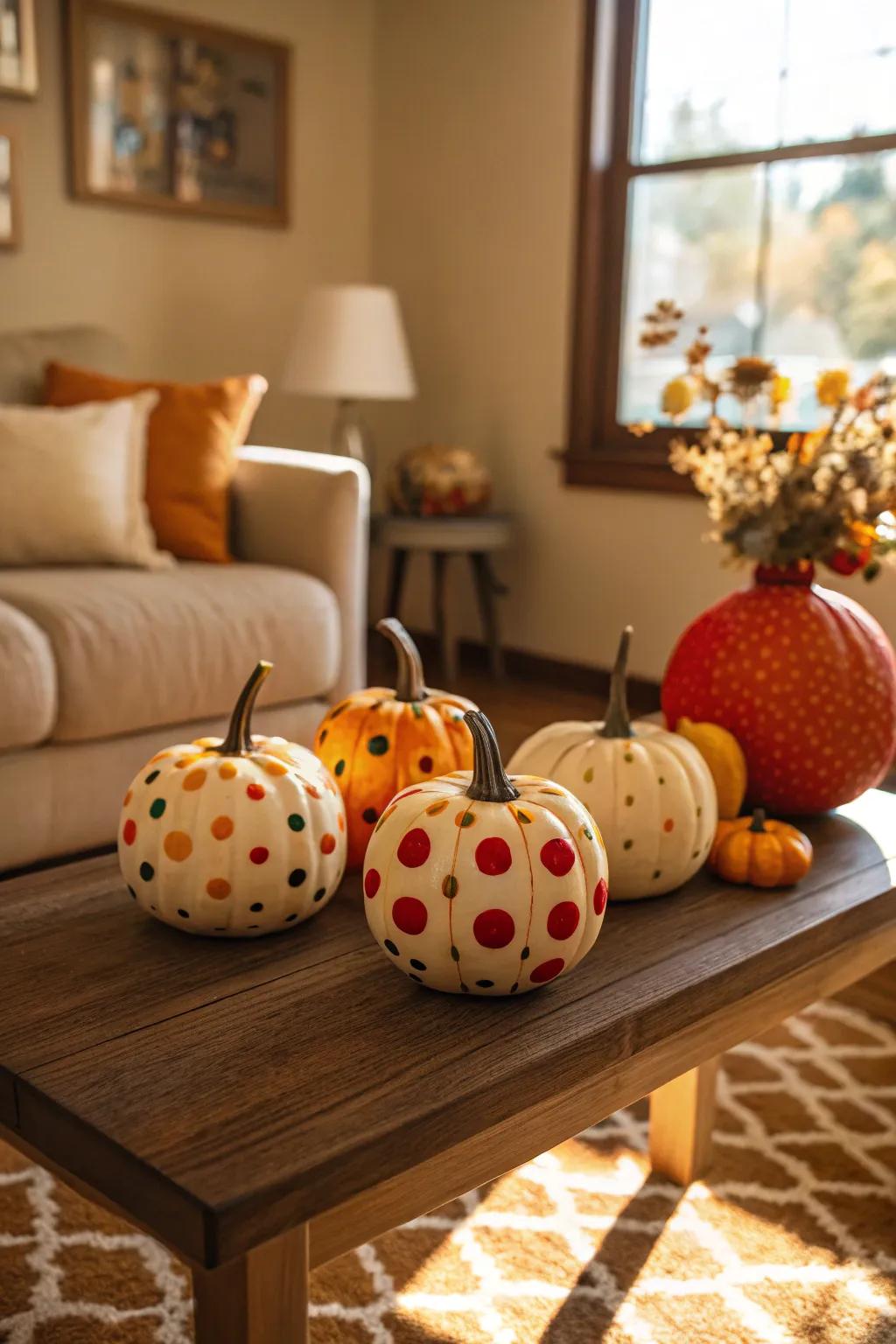 Polka dot pumpkins add a playful vibe to your fall decorations.