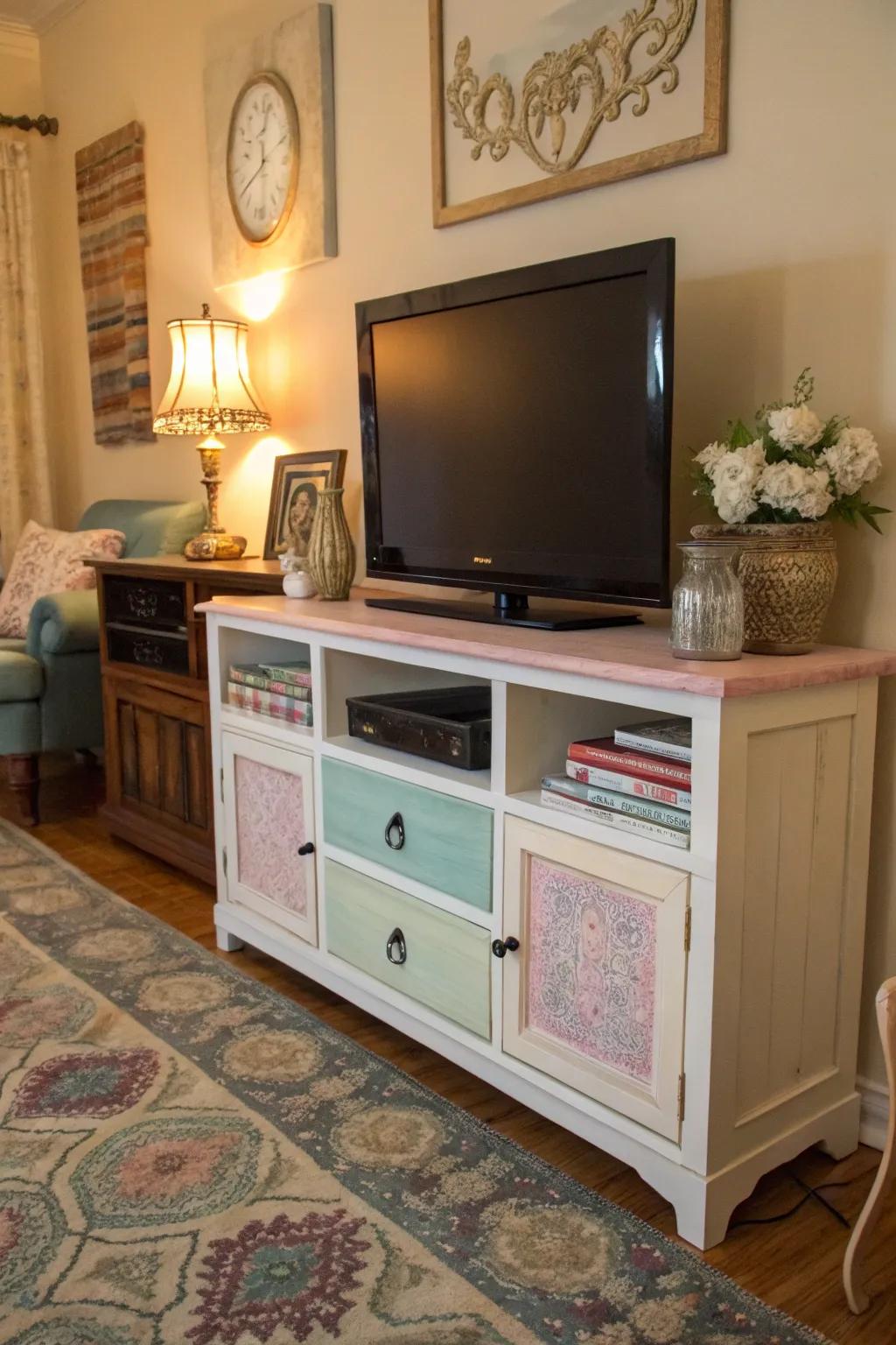 Chalk paint gives your TV stand a charming, vintage look.