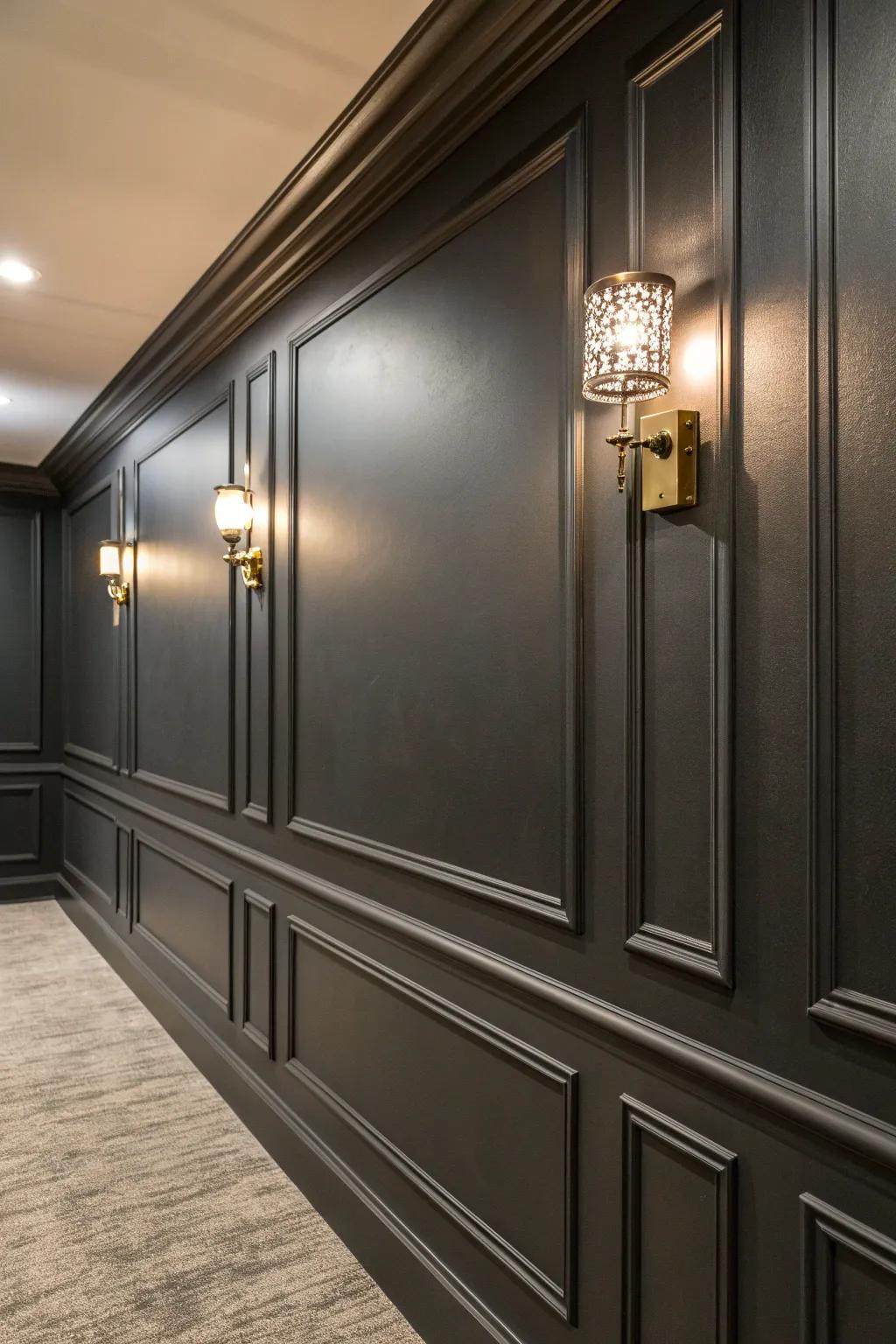 Embrace the allure of moody charcoal for a basement transformation that's both sleek and inviting.