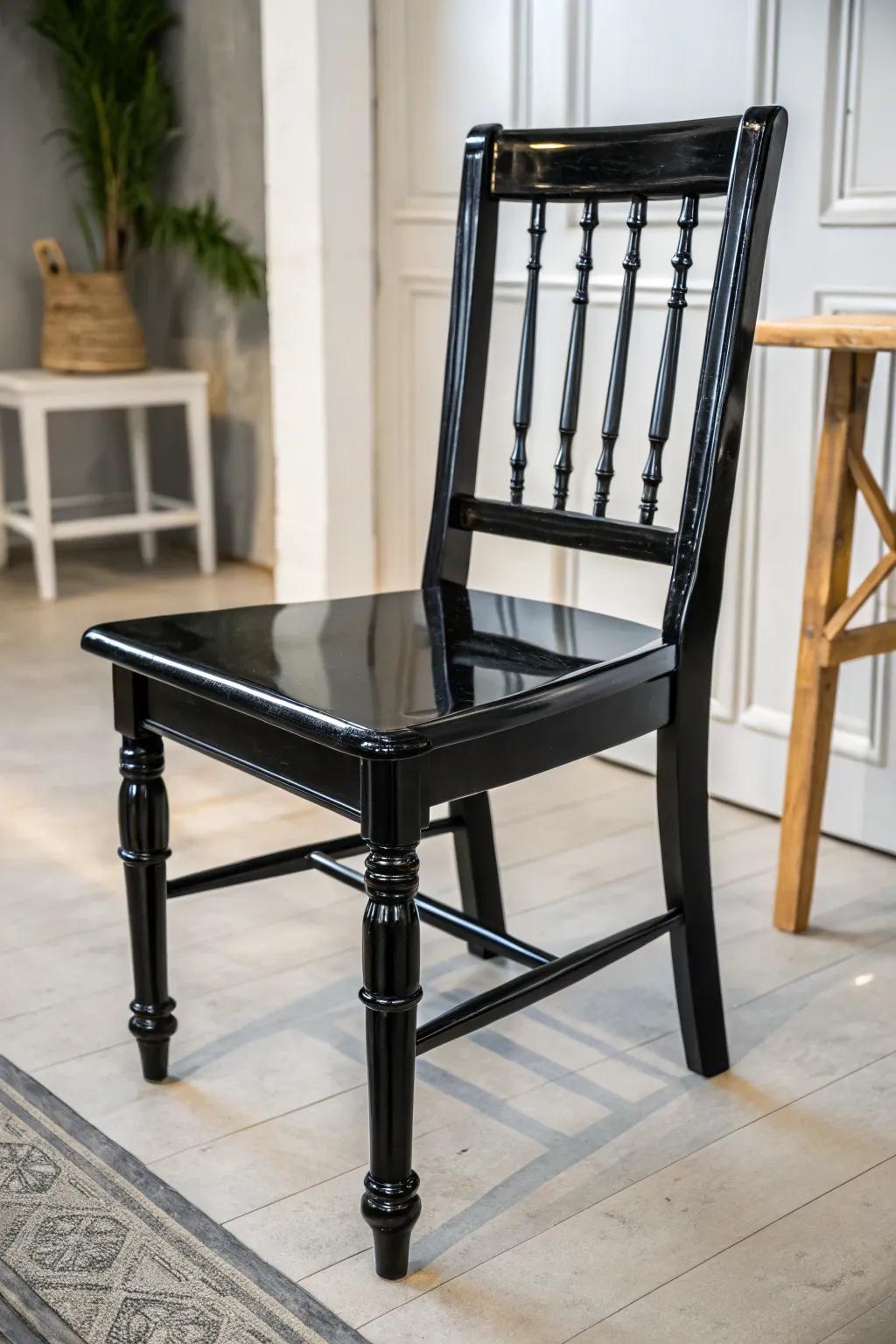 A wooden chair with a bold, high-gloss black finish.