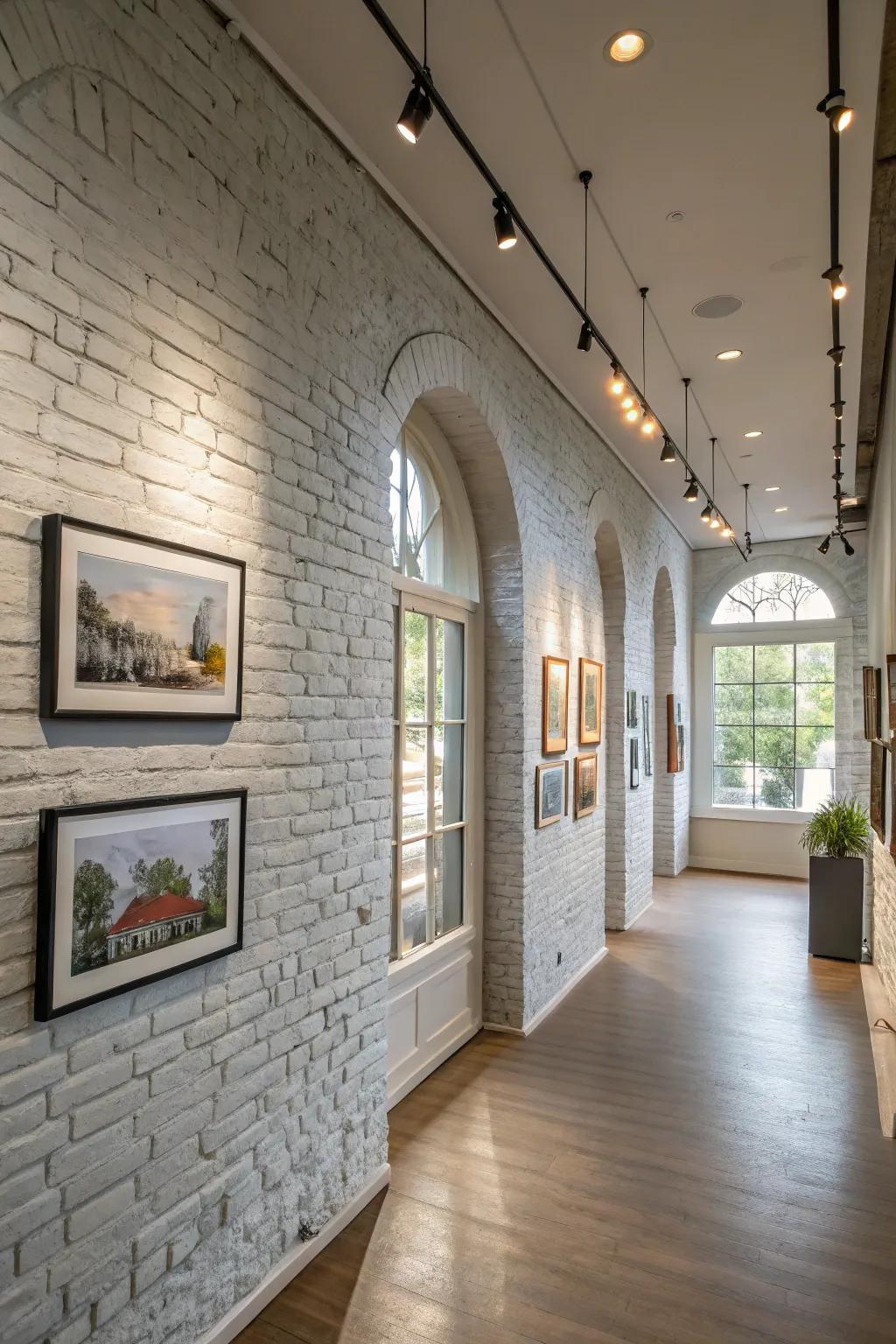 Soft gray painted brick walls offering a sophisticated backdrop for art.