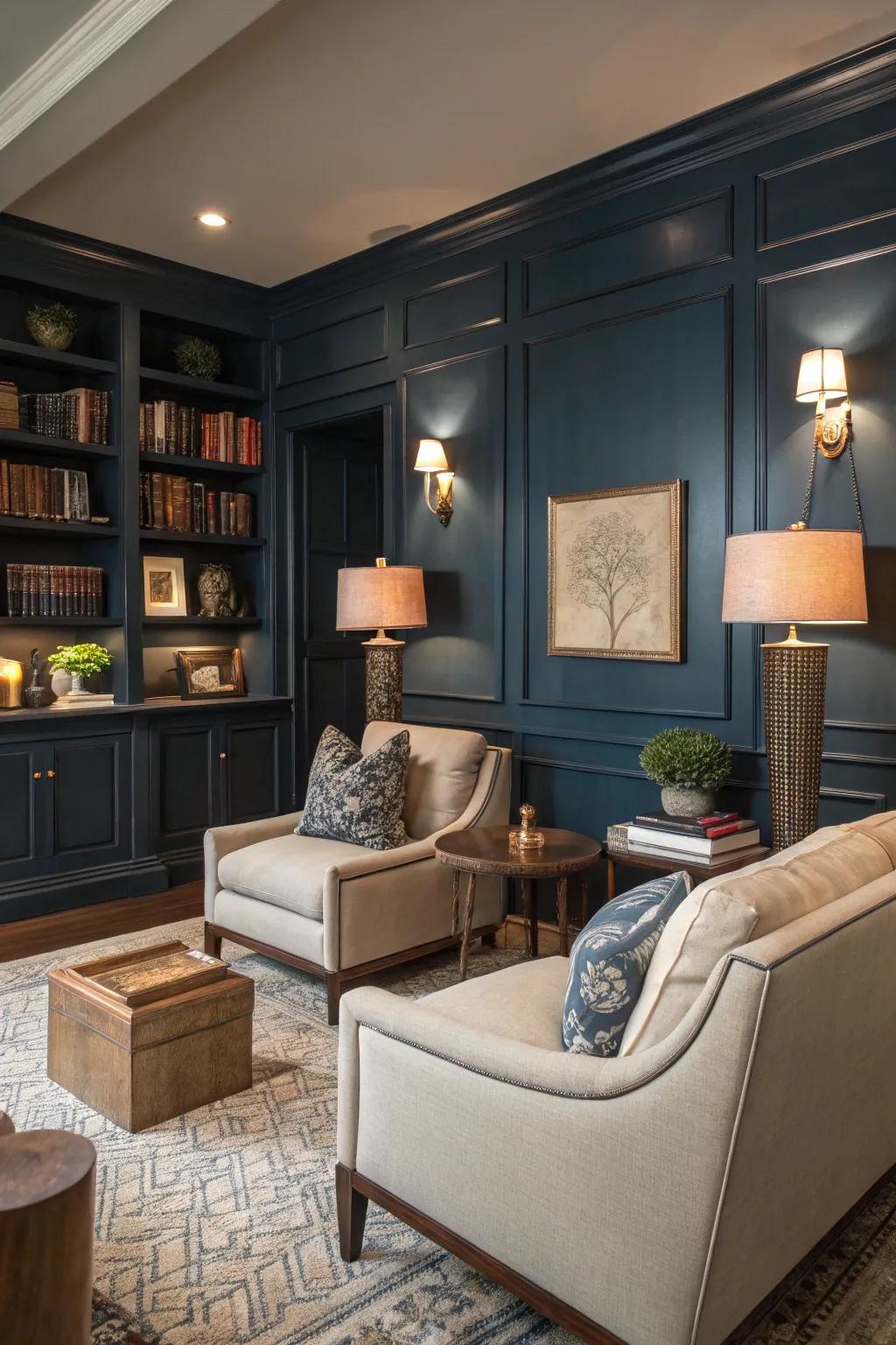 Dark blue paneling creates a striking, sophisticated atmosphere.