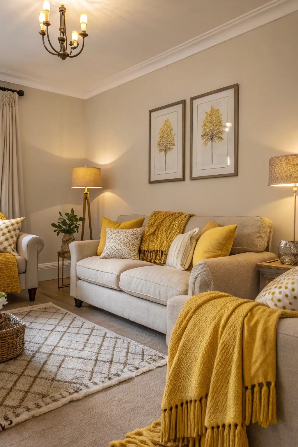 Yellow accents bring a splash of sunshine into a neutral living room.