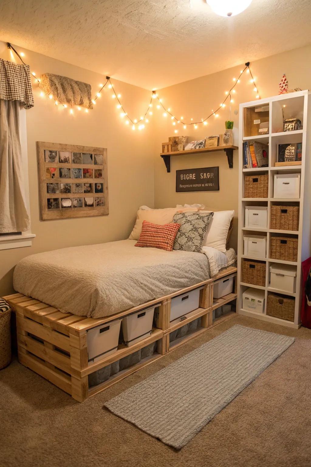 A corner pallet bed maximizes space and adds a cozy touch to any room.