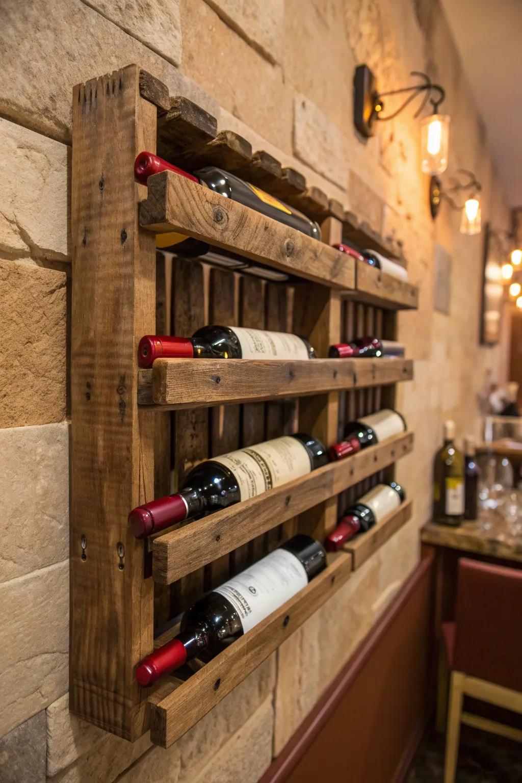 Transform your space with the rustic elegance of a handcrafted pallet wine rack.