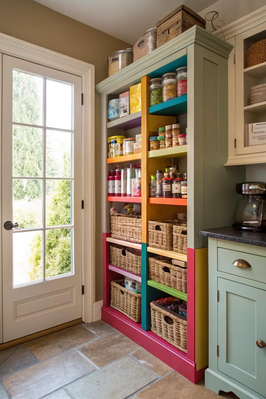 A vibrant small walk-in pantry with practical storage.