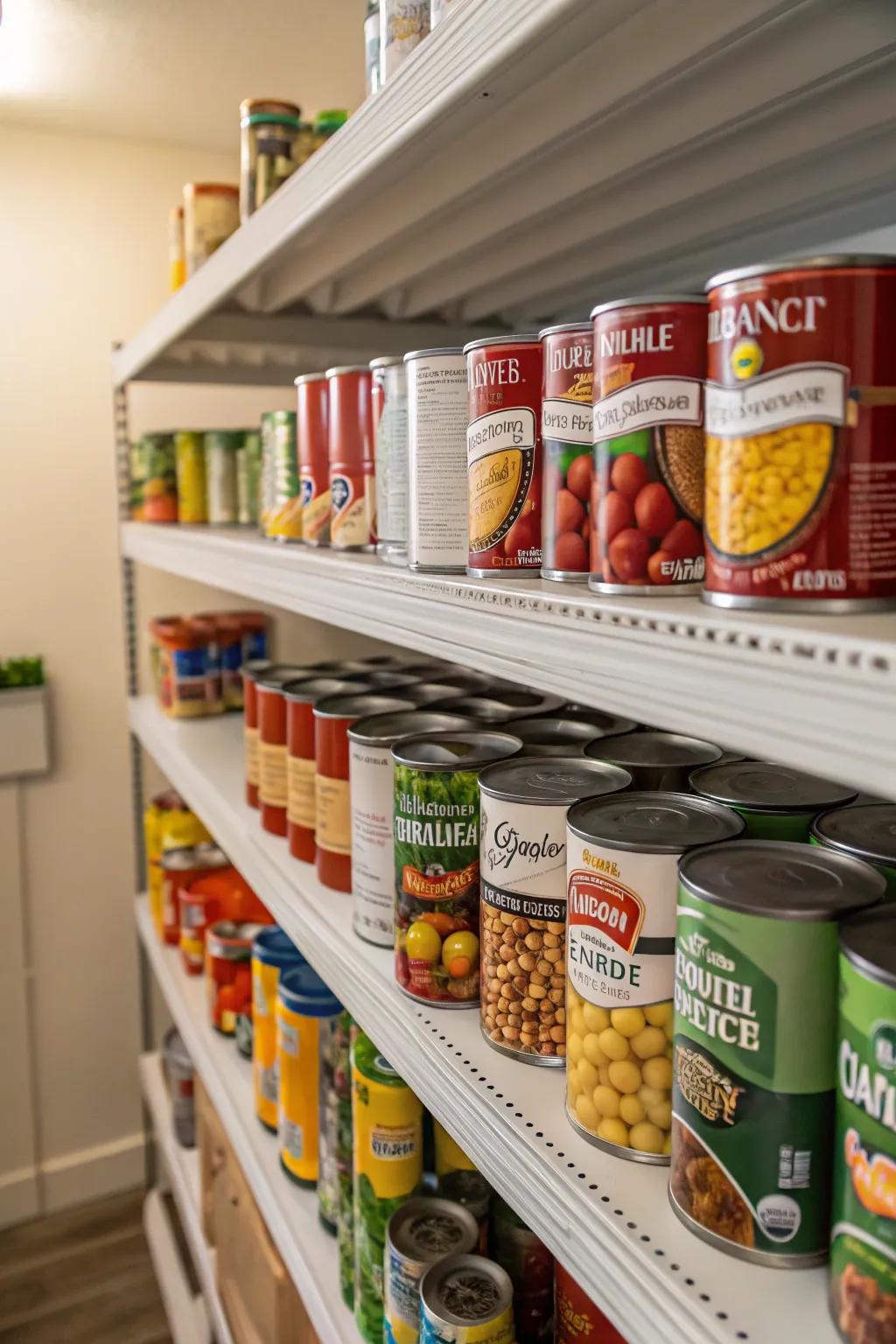 Can risers neatly displaying canned goods on deep pantry shelves.