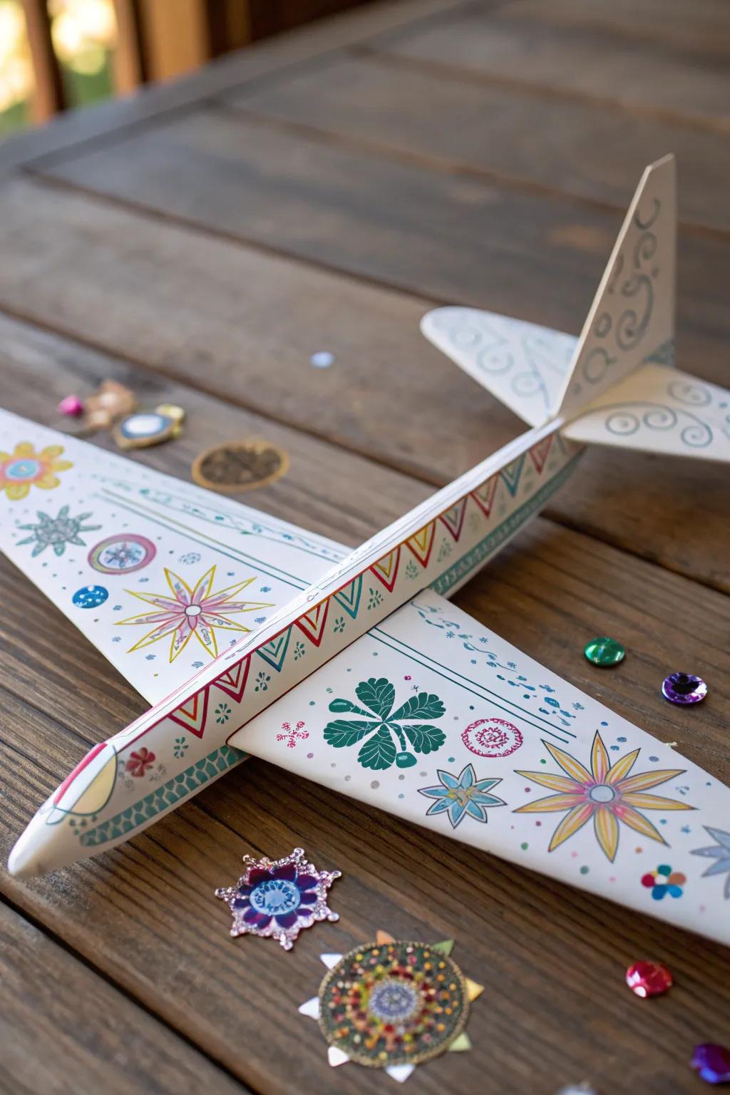 Elevate your paper airplane game with this decorative glider, a perfect blend of art and aerodynamics.