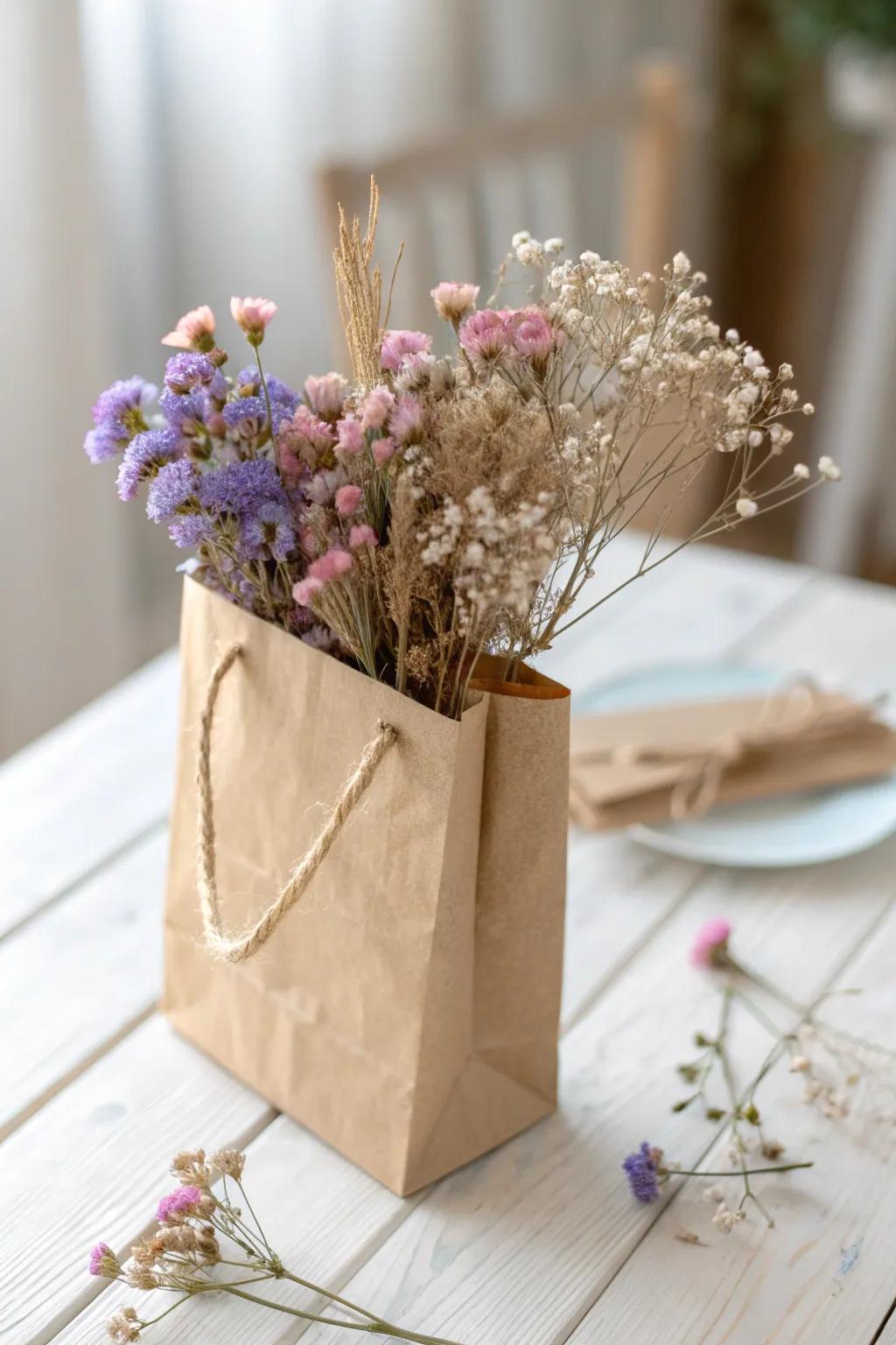 Transform your gift wrap with elegant floral accents for a touch of rustic charm.