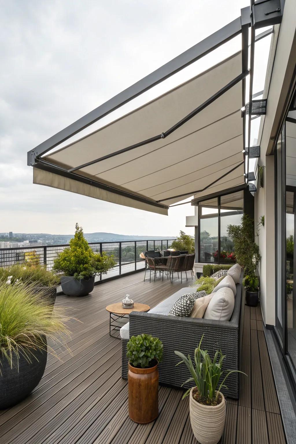 A stylish deck with a retractable awning, offering both sun and shade options.