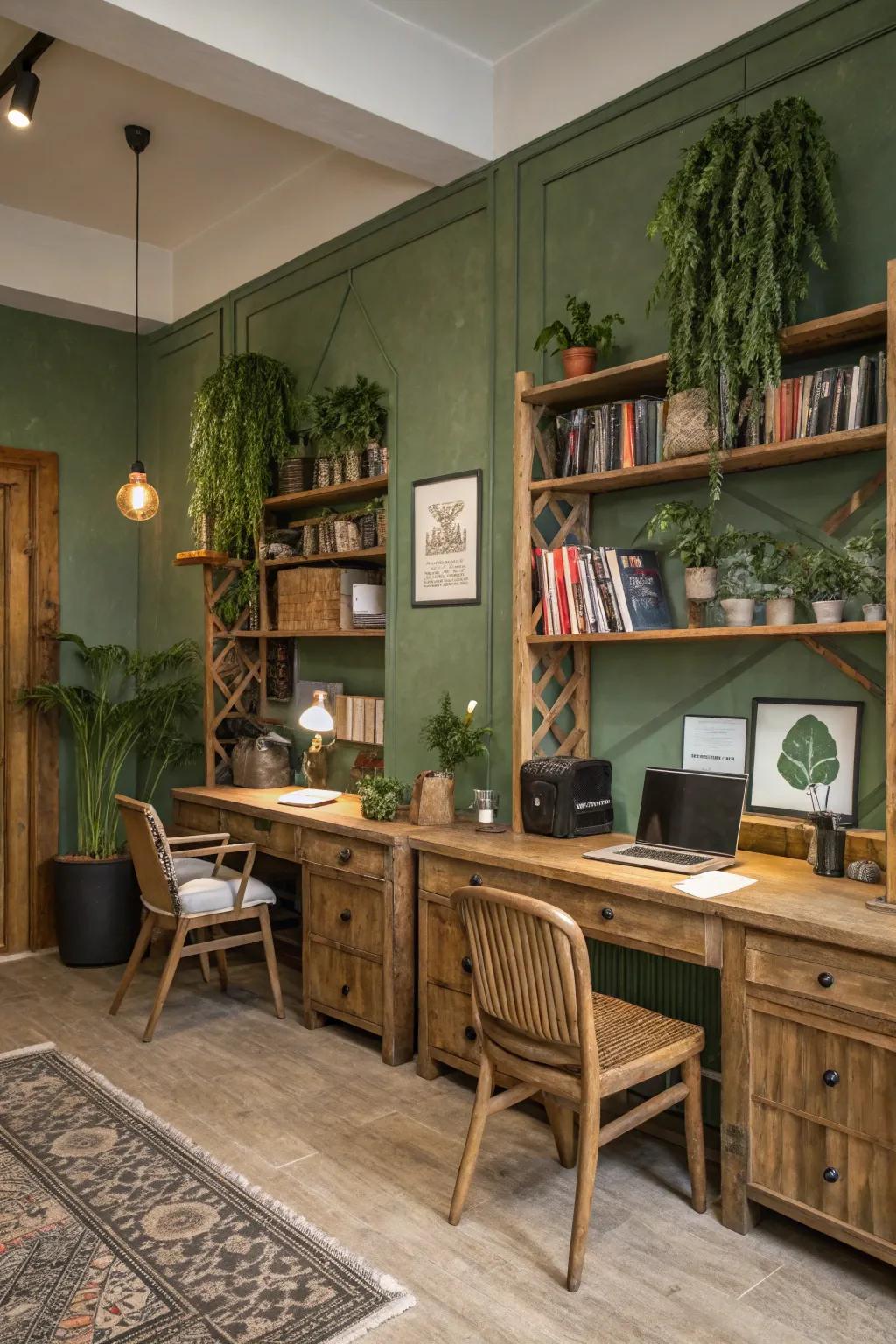 Earthy tones create a harmonious backdrop for a pastoral-themed office.