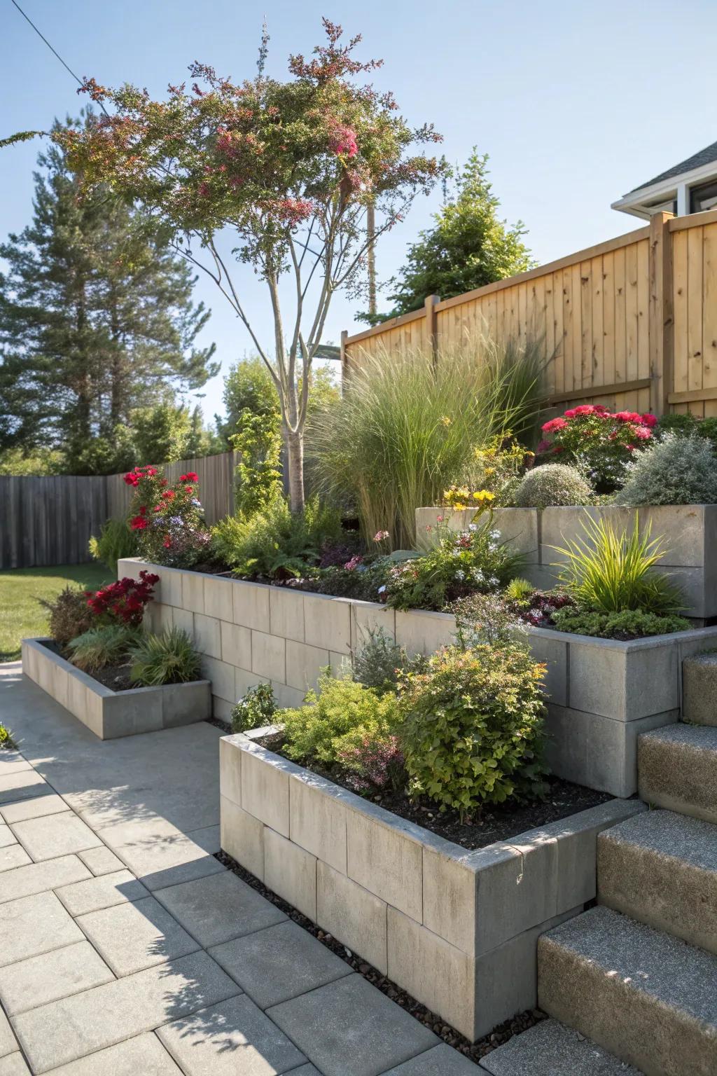 Tiered paver planters offer both height and visual interest.