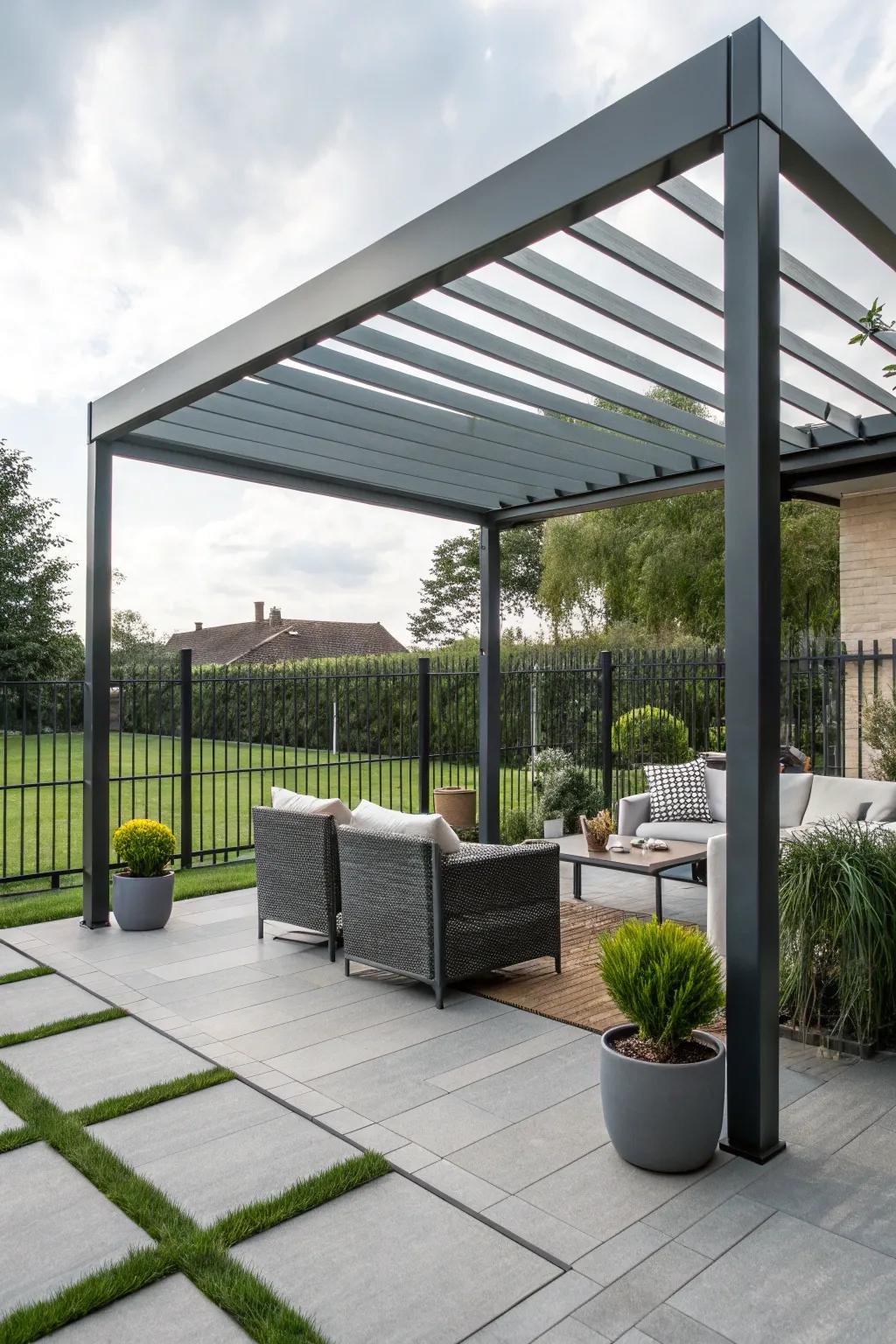 A modern steel pergola adds a sleek, contemporary touch.