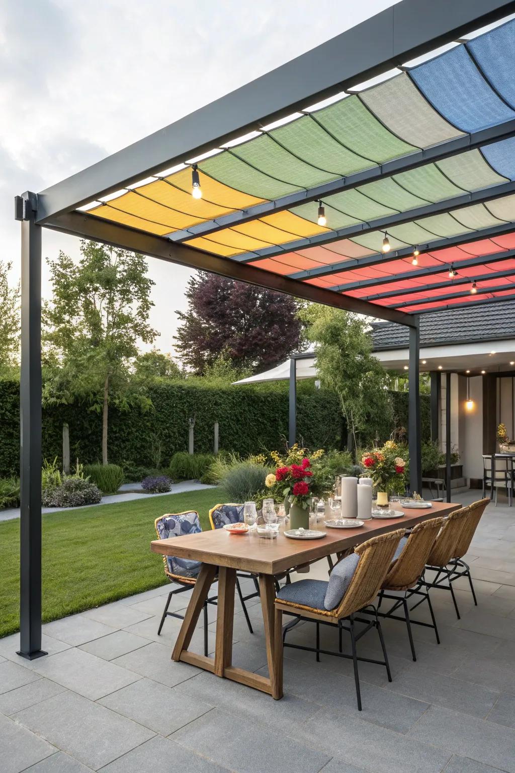 Tension fabric canopies bring color and flexibility to your pergola.