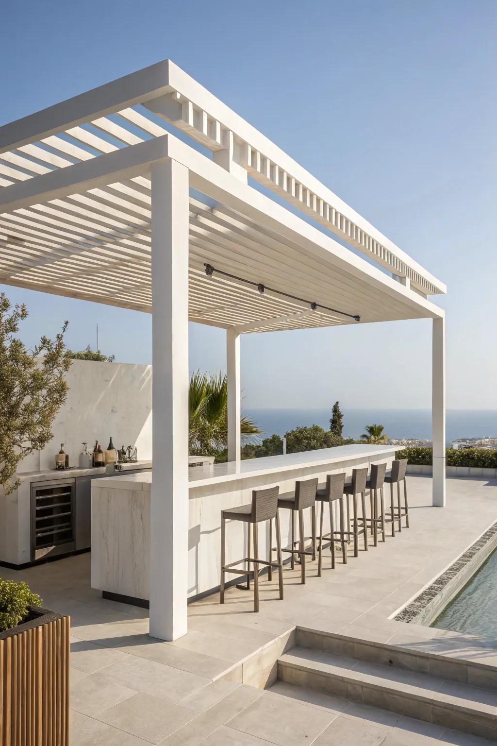 A modern minimalist pergola bar, the epitome of elegance and simplicity.