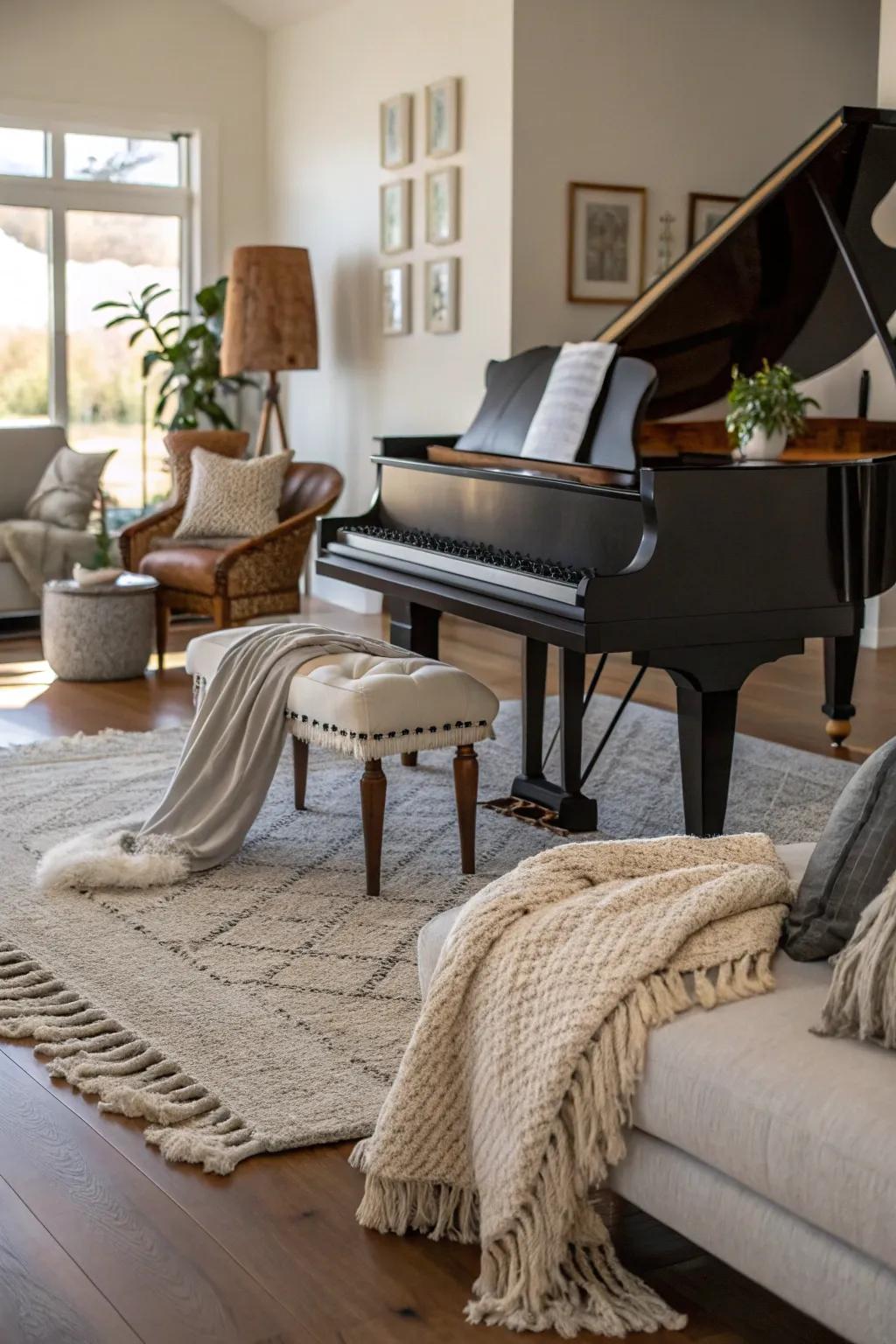 Textural elements add warmth around a beautiful piano setup.