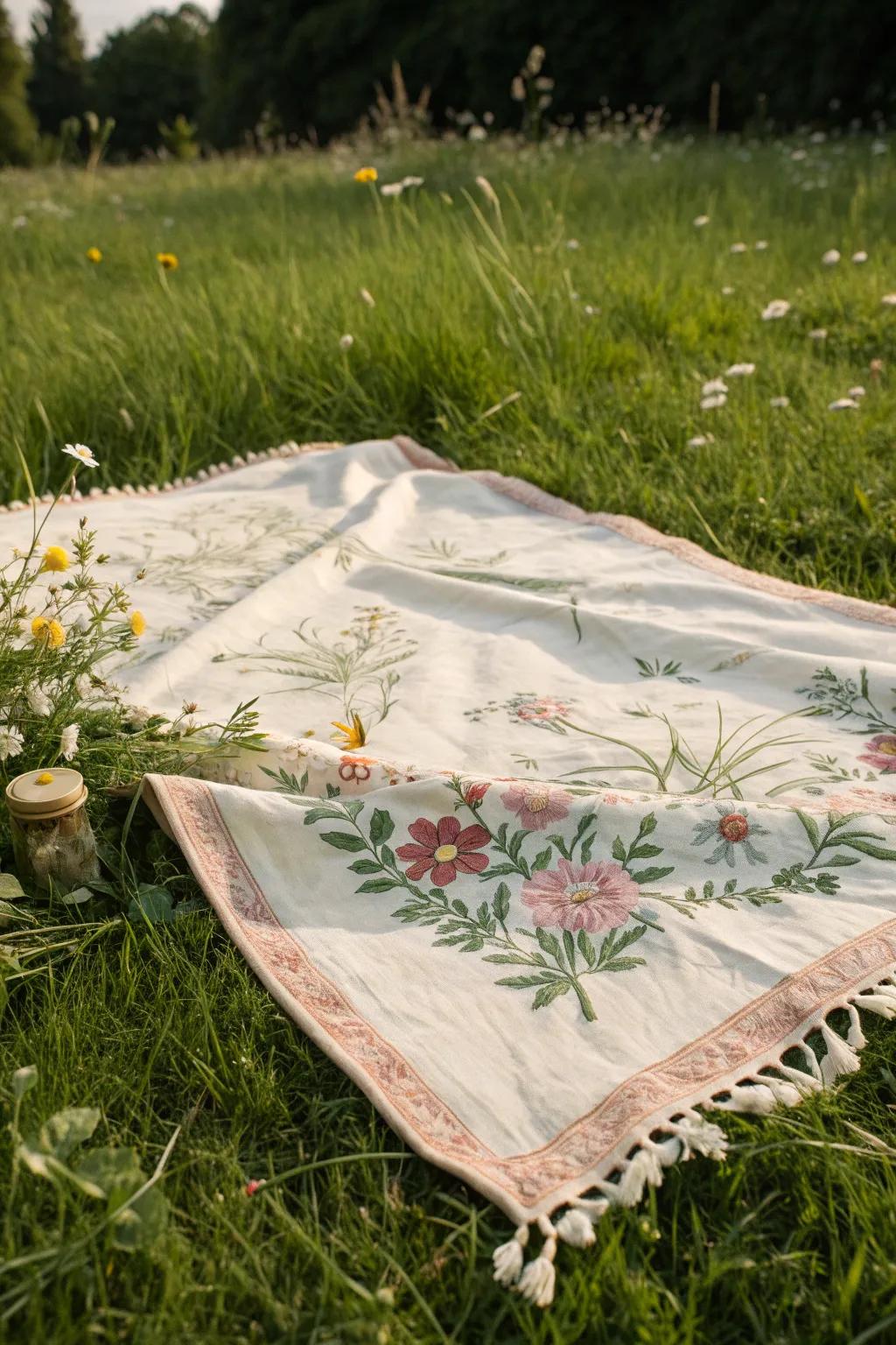 Embrace spring's charm with a floral fantasy picnic blanket, where nature meets elegant design.