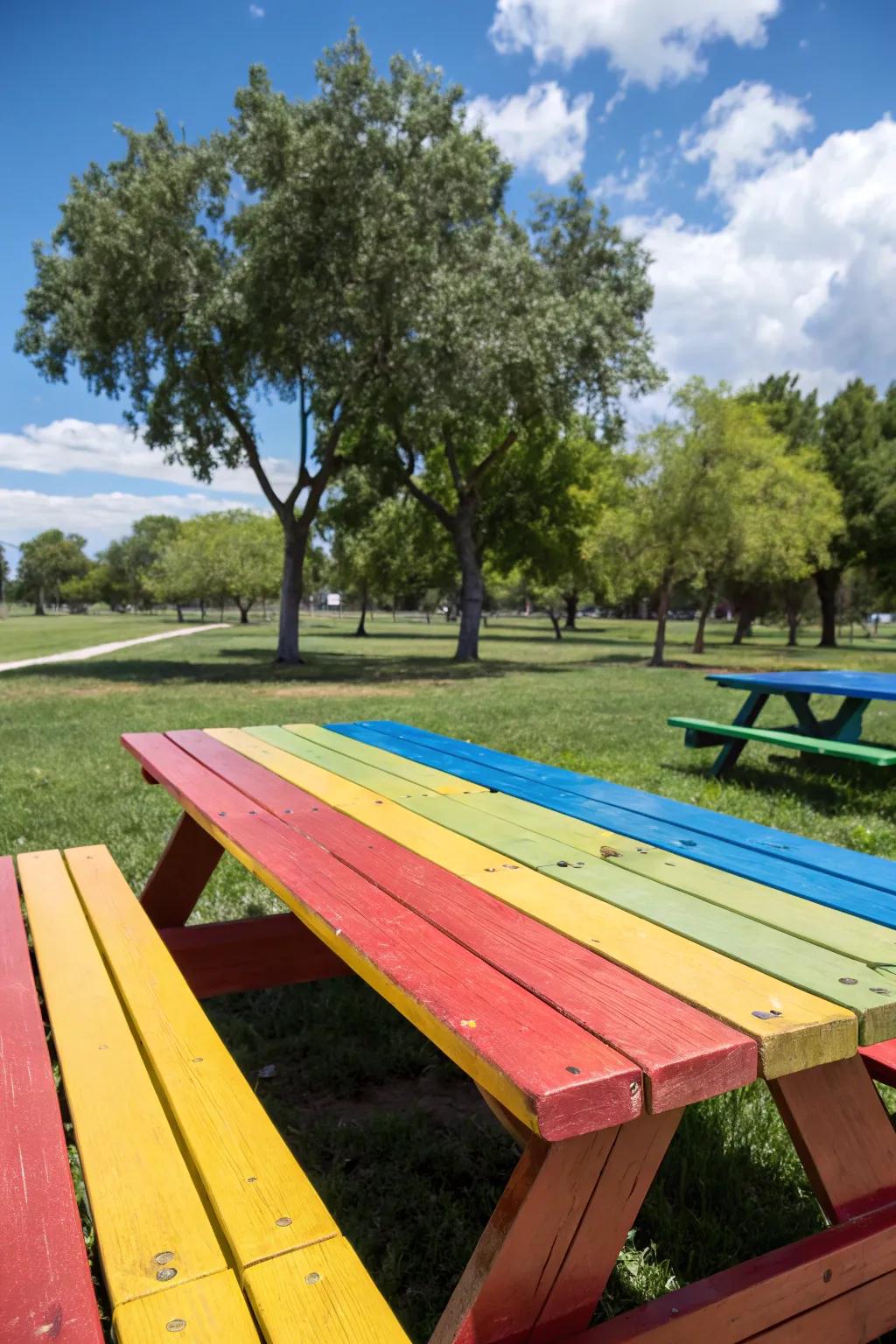 Bold color blocks turn a picnic table into a vibrant focal point.