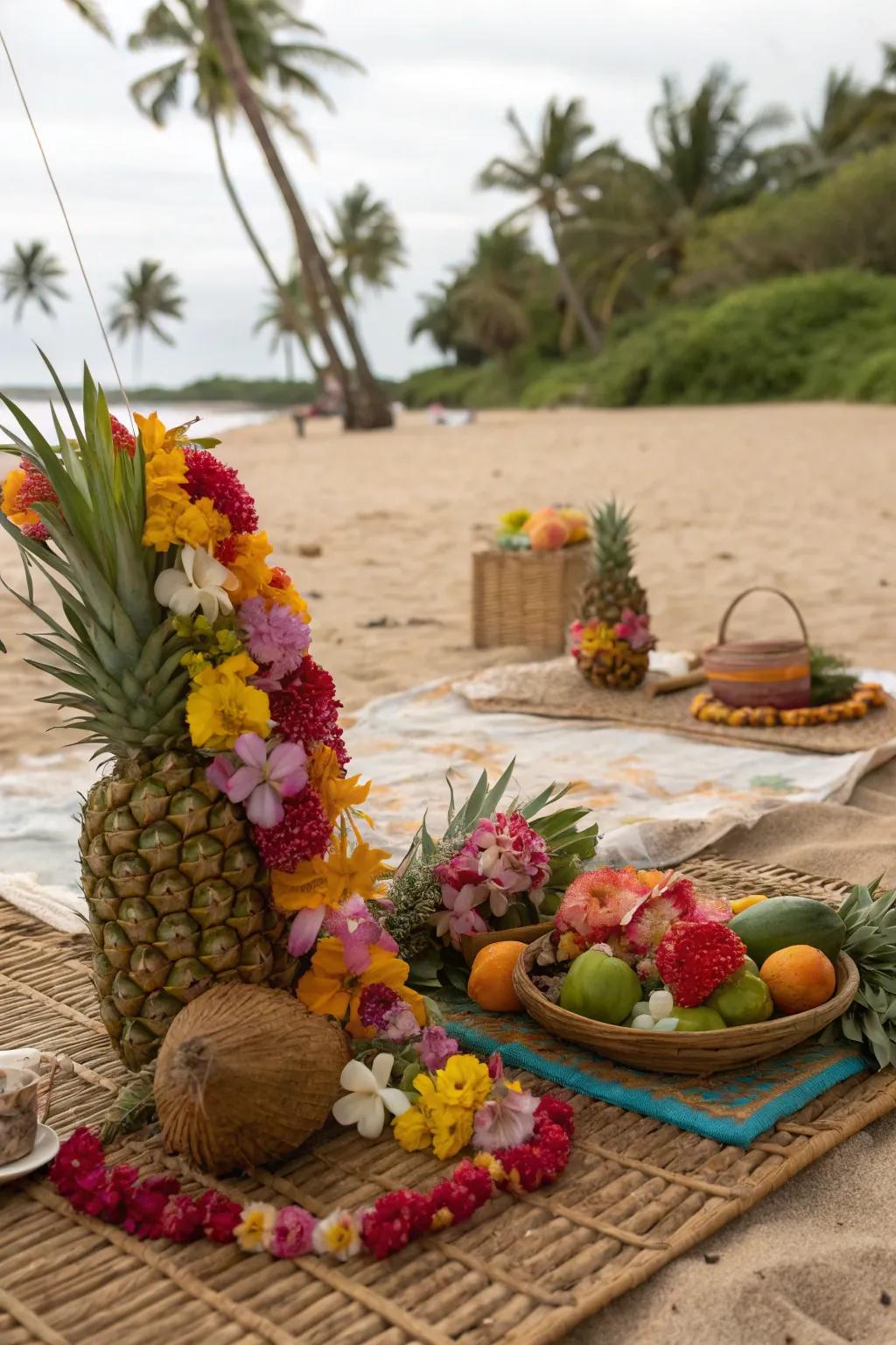 Create a vibrant tropical paradise with a luau-themed picnic.