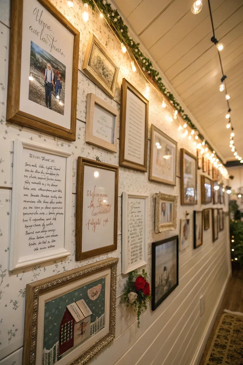 A vintage wall adorned with framed handwritten keepsakes.