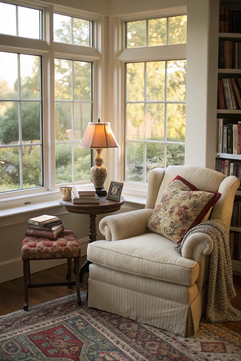 A cozy nook with a bay window perfect for reading and relaxation.