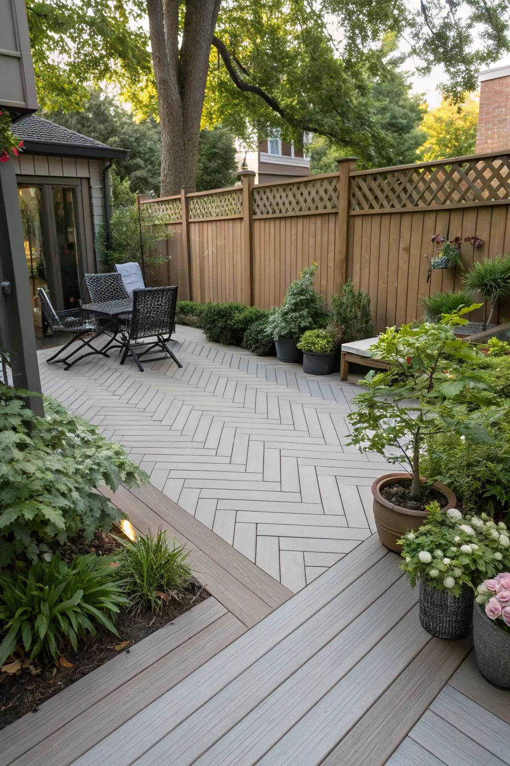 A dynamic herringbone pattern deck that brings a modern flair to the backyard.