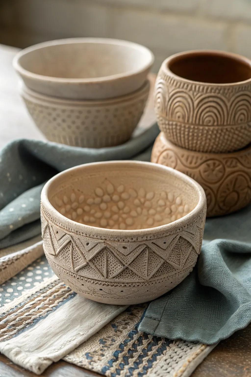 Textured pinch pots with intricate surface designs.