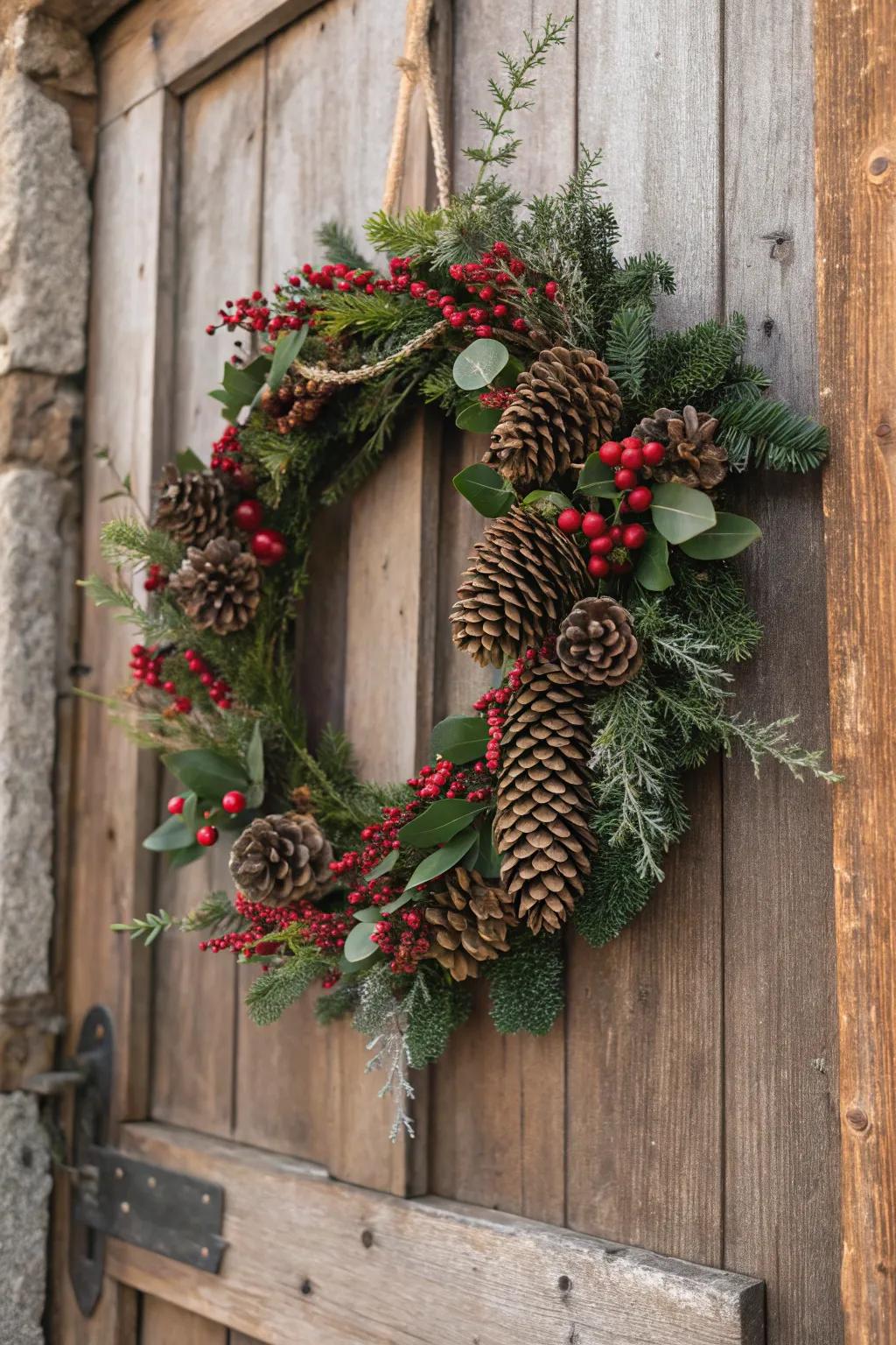 Welcome your guests with a charming pine cone wreath.