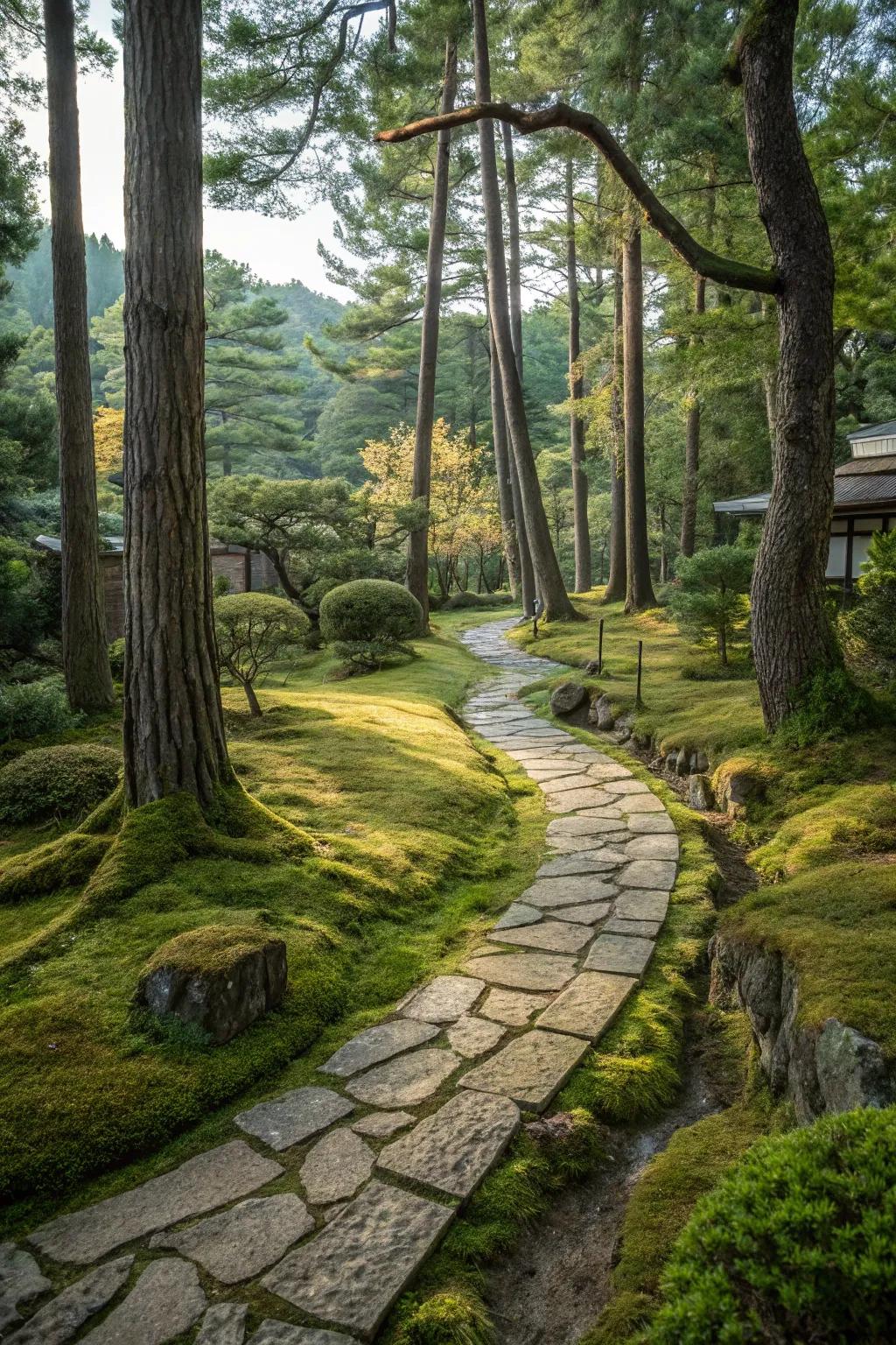 A natural stone pathway invites exploration through the garden.