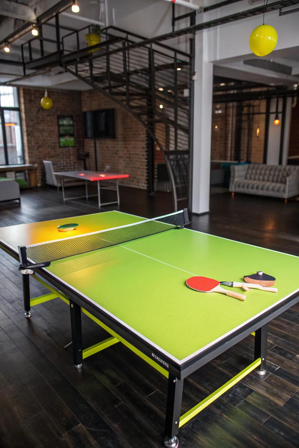 Stand out with this vibrant neon green and yellow ping pong table, a perfect blend of bold design and craftsmanship.