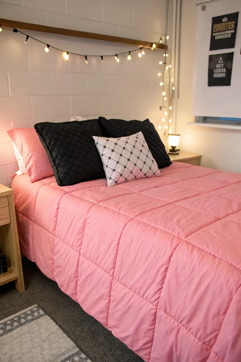 Elegant dorm bed with pink and black bedding ensemble.