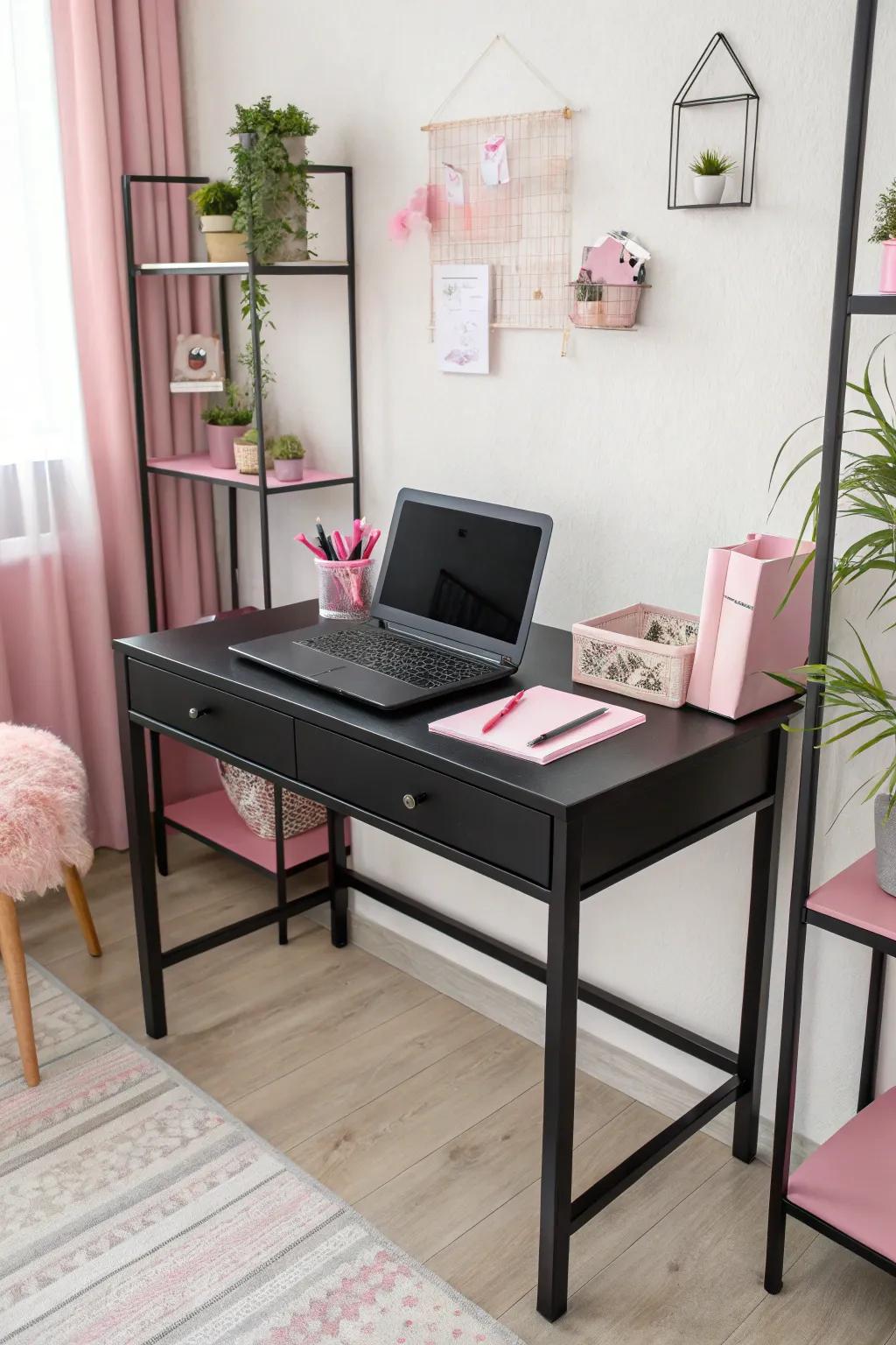 A sleek black desk provides a bold contrast in this pink-themed office.