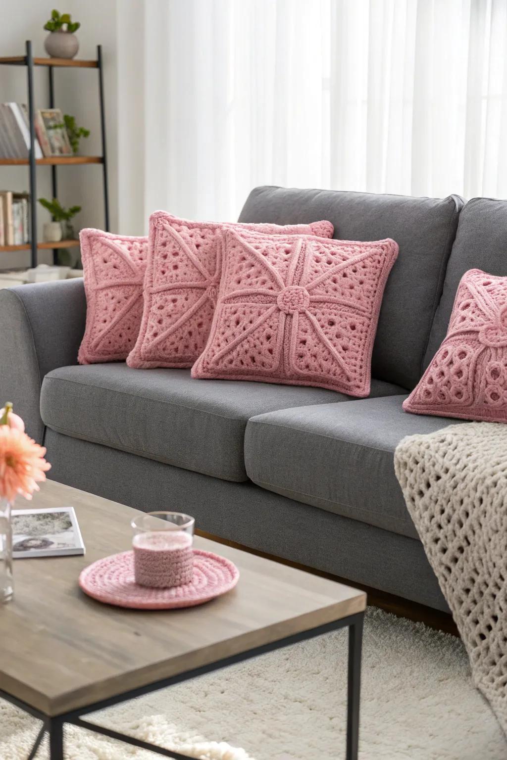 Brighten your space with charming pink crochet pillow covers.