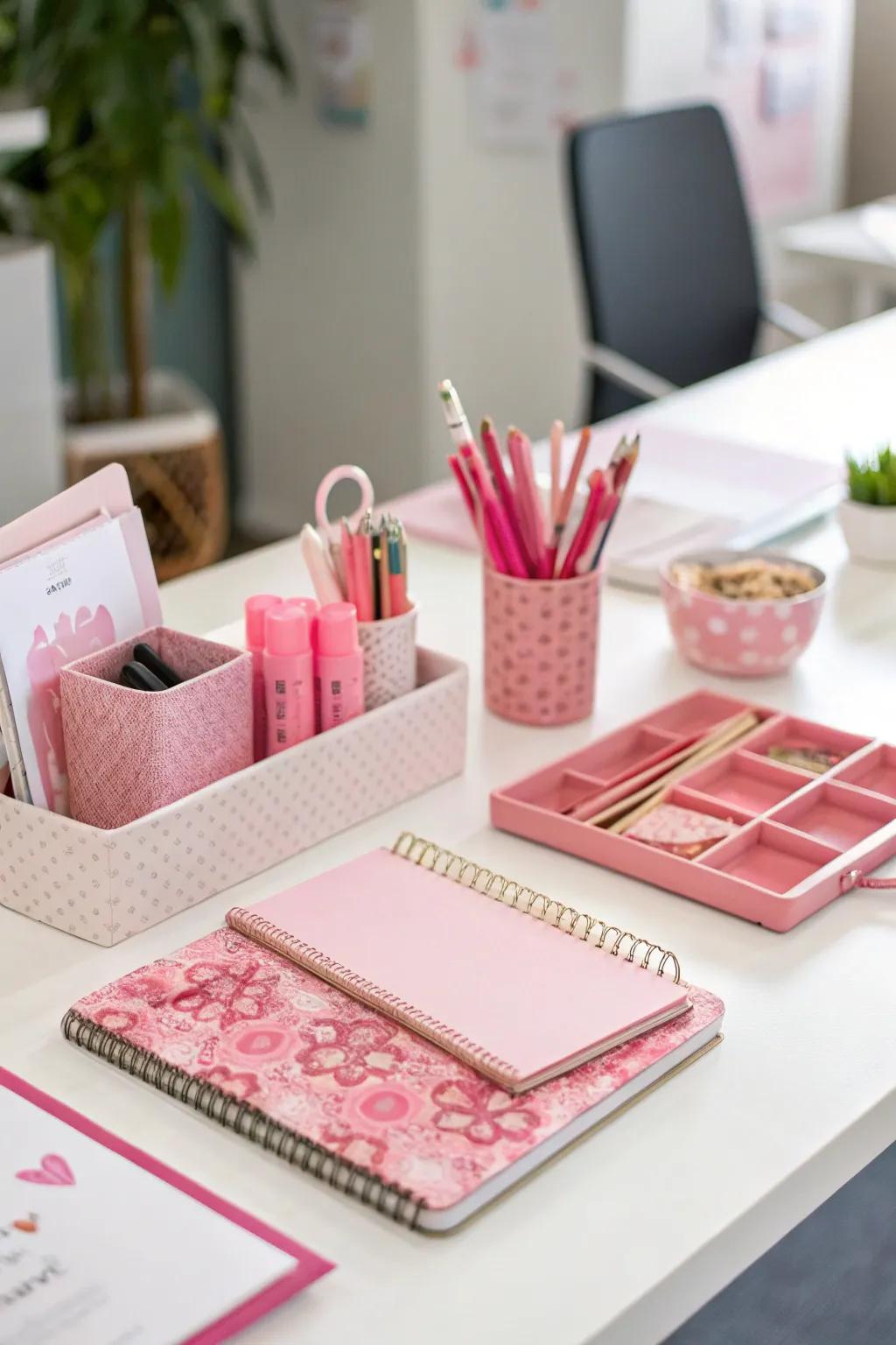 Pink desk accessories can add a playful touch to your workspace.