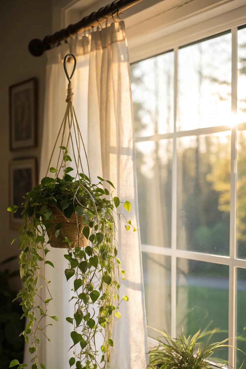 Sunlit windows adorned with cascading greenery.