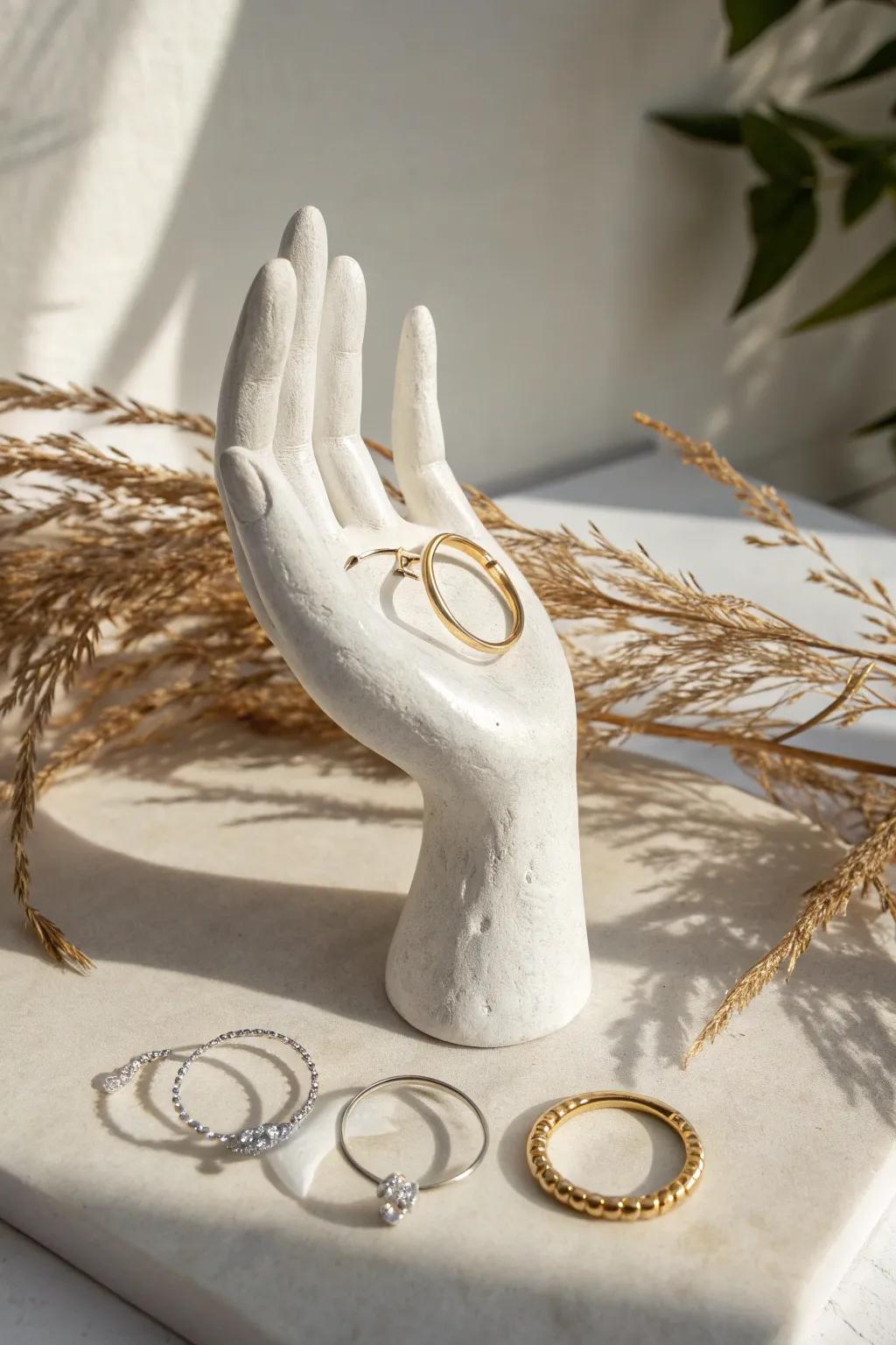 A perfect blend of art and functionality: the plaster hand jewelry holder.